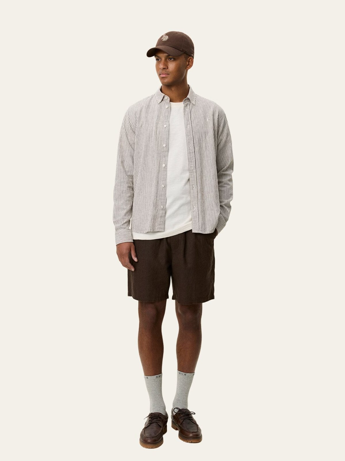 Les Deux Konrad Stripe Cotton Linen Shirt Teak Brown