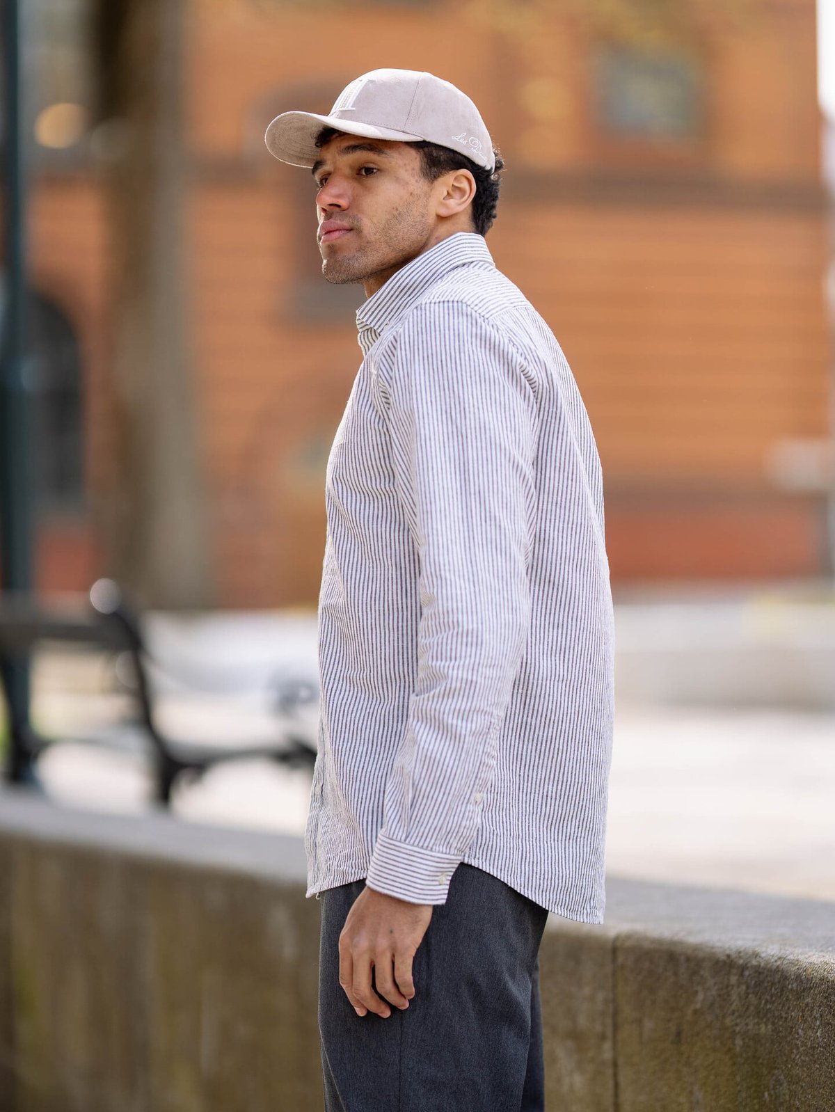 Les Deux Konrad Stripe Cotton Linen Shirt Teak Brown