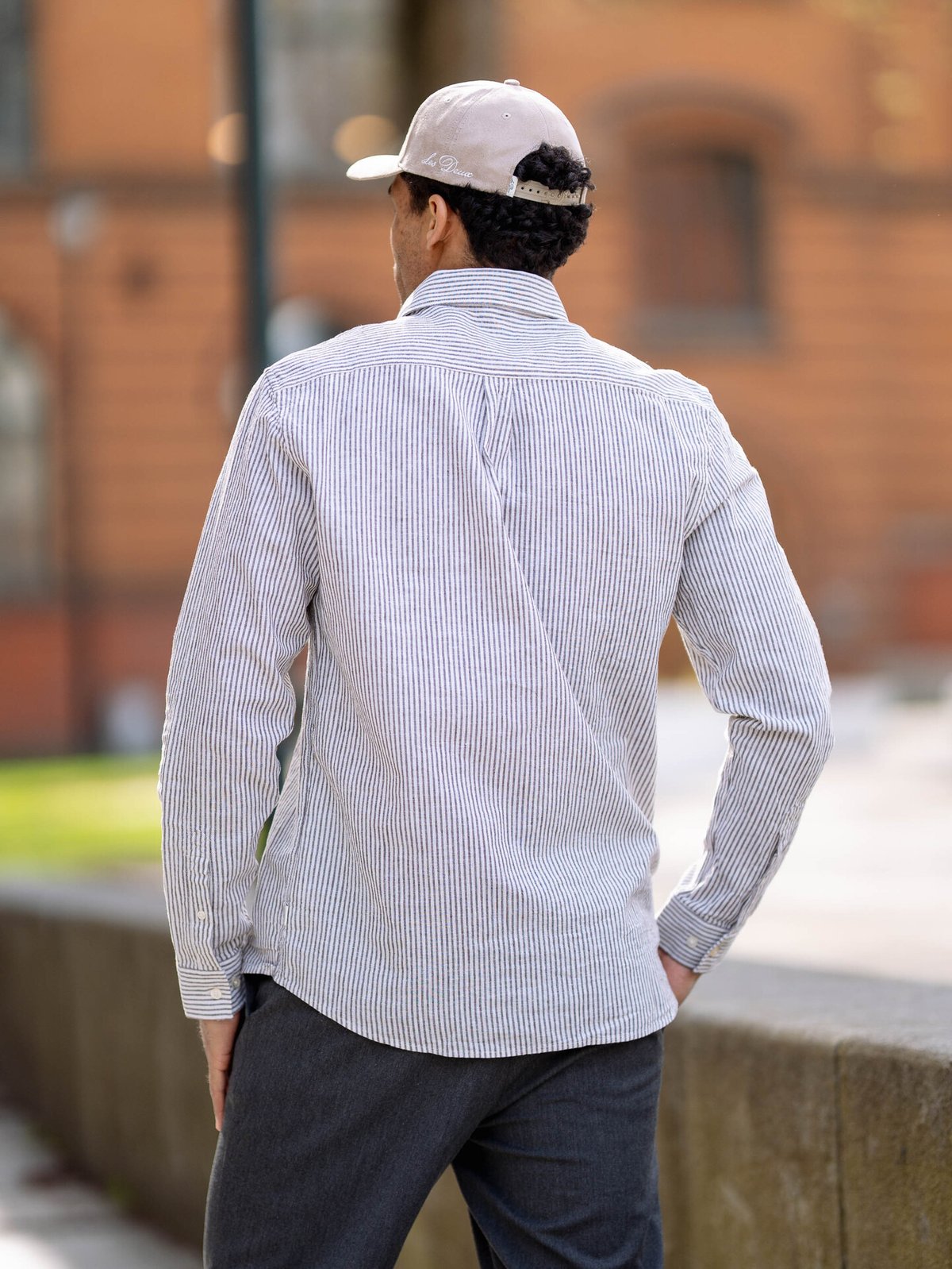 Les Deux Konrad Stripe Cotton Linen Shirt Teak Brown