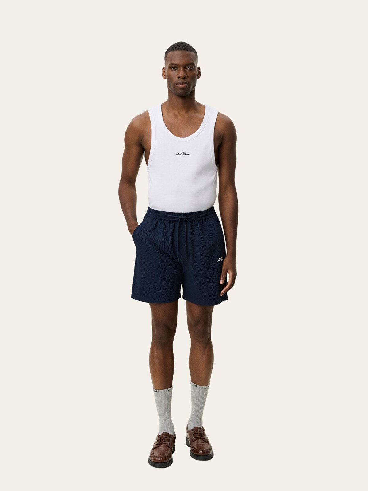 Les Deux Stan Seersucker Swim Shorts Dark Navy