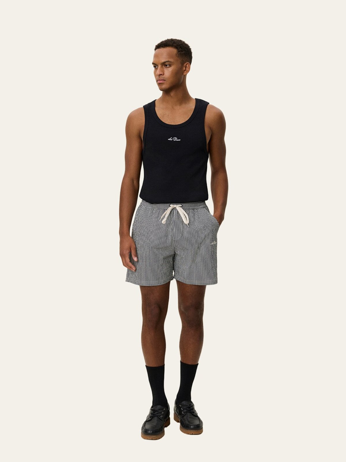 Les Deux Stan Stripe Seersucker Swim Shorts Black