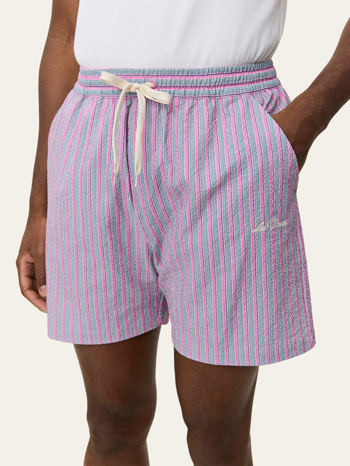 Les Deux Stan Stripe Seersucker Swim Shorts Crocus Pink