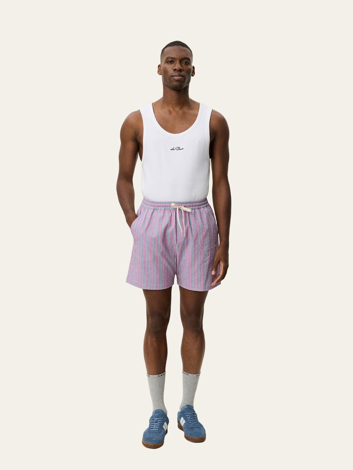 Les Deux Stan Stripe Seersucker Swim Shorts Crocus Pink
