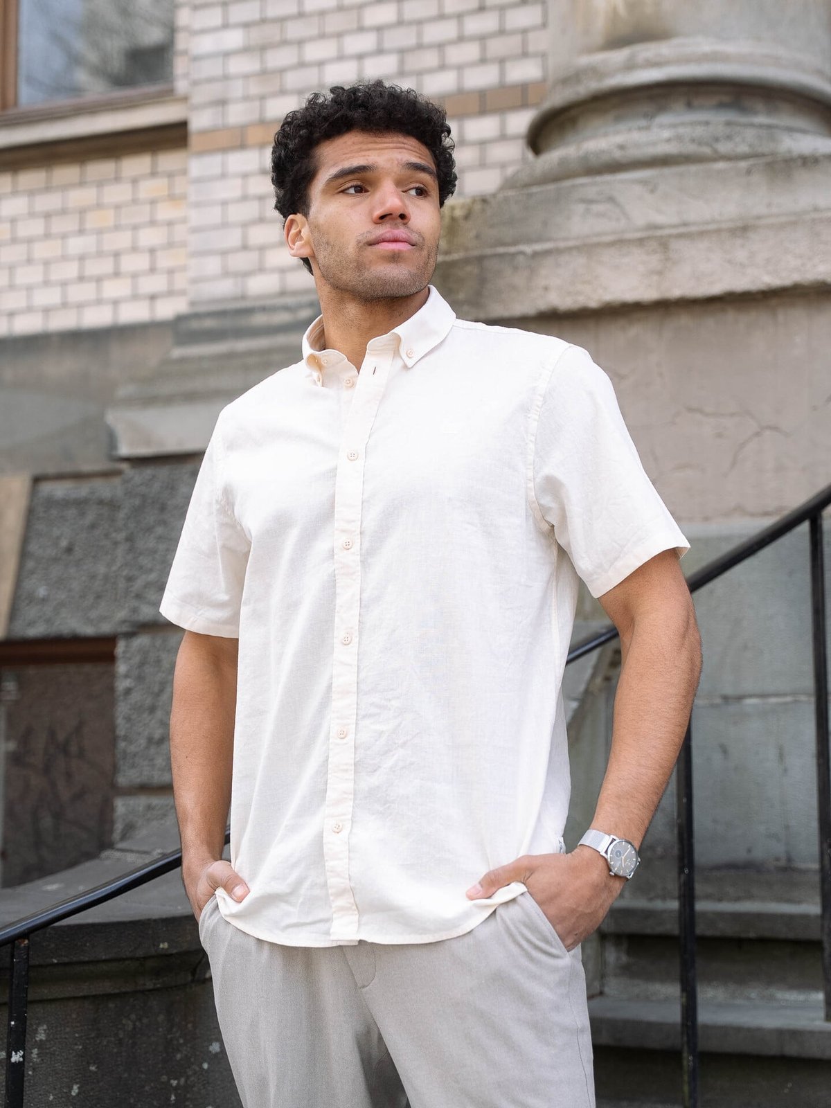 Les Deux Konrad Cotton Linen Short Sleeve Shirt Eggnog White