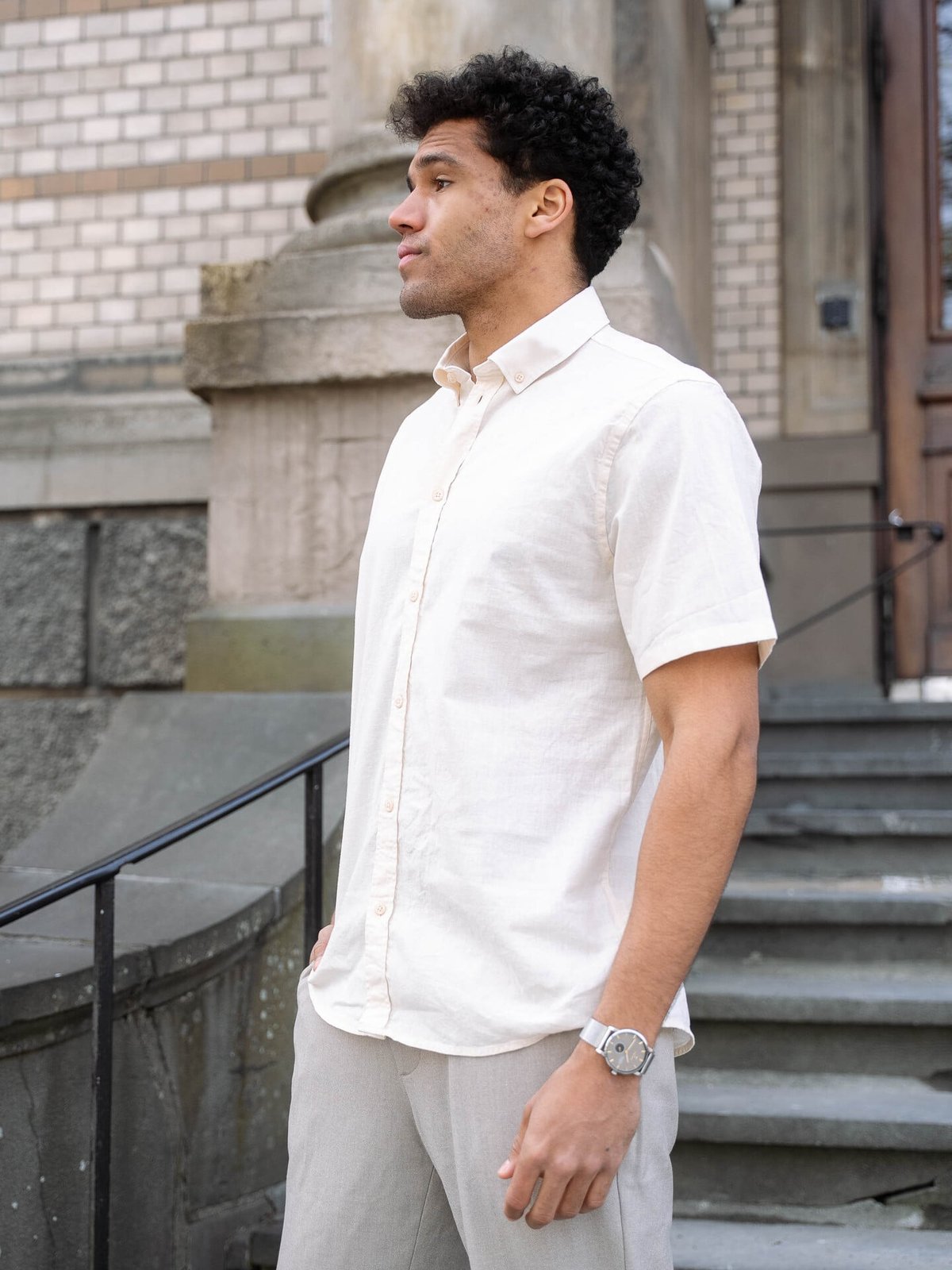 Les Deux Konrad Cotton Linen Short Sleeve Shirt Eggnog White