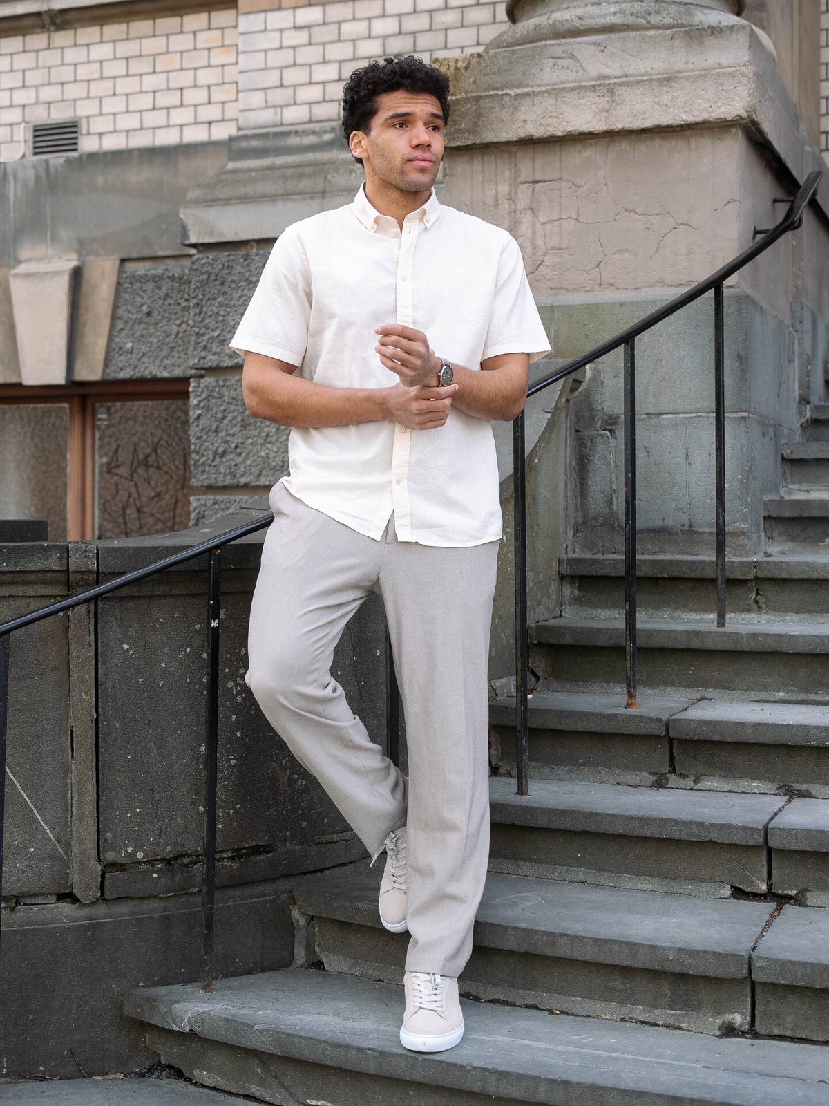 Les Deux Konrad Cotton Linen Short Sleeve Shirt Eggnog White