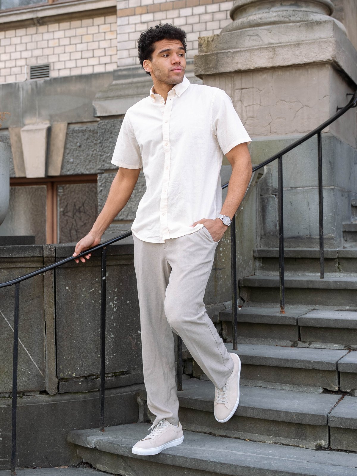 Les Deux Konrad Cotton Linen Short Sleeve Shirt Eggnog White