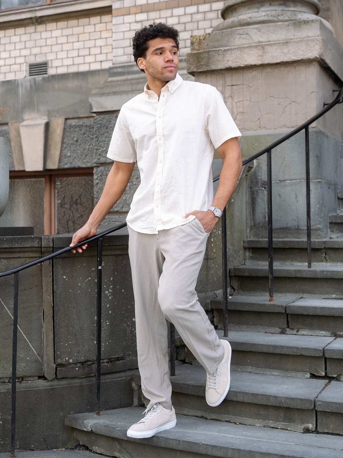 Les Deux Konrad Cotton Linen Short Sleeve Shirt Eggnog White
