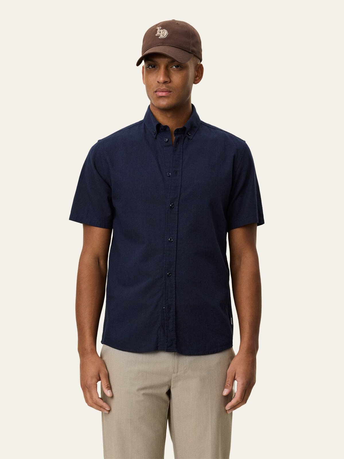 Les Deux Konrad Cotton Linen Short Sleeve Shirt Dark Navy