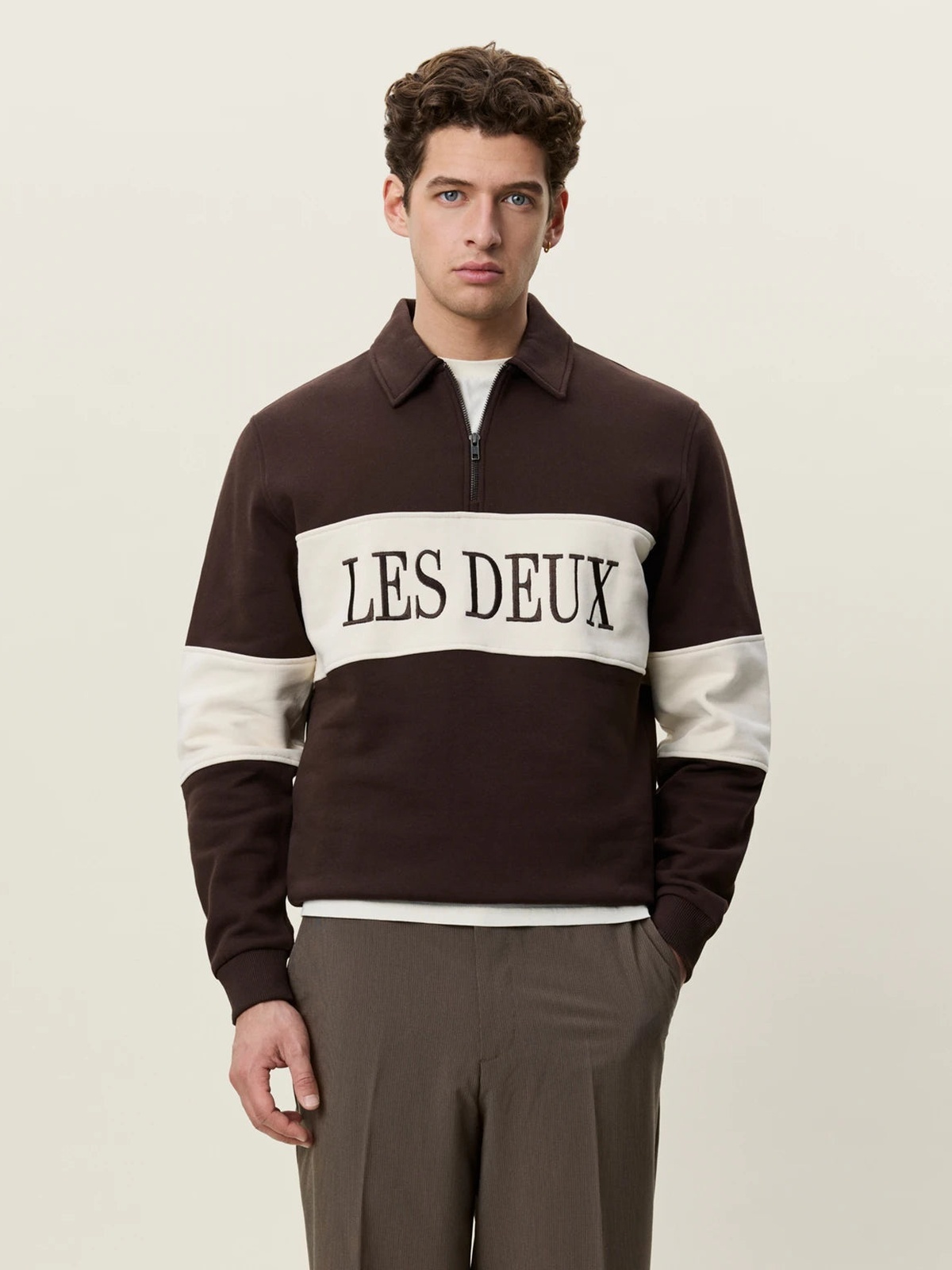 Les Deux Zipper Rugby Sweatshirt Mole Brown