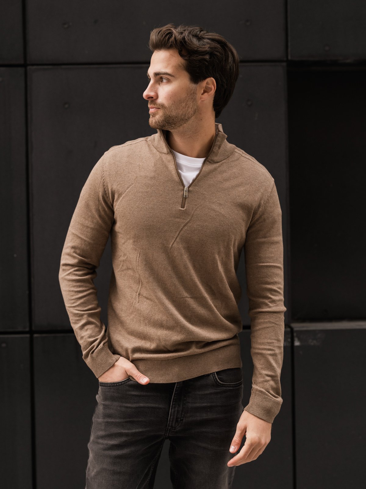 Selected Homme Berg Half Zip Cardigan Teak Melange