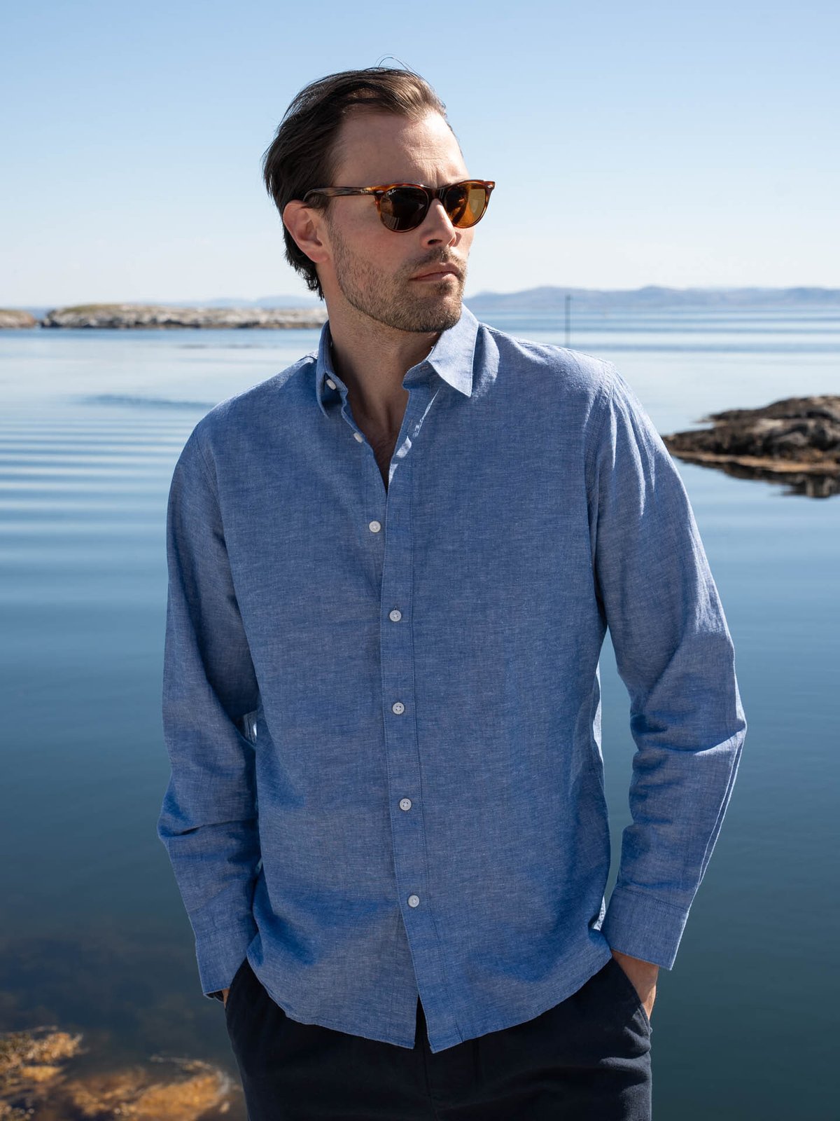 Selected Homme Slim-Sun Shirt Long Sleeve Medium Blue Denim