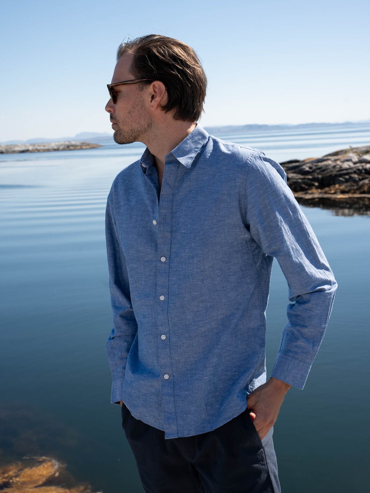 Selected Homme Slim-Sun Shirt Long Sleeve Medium Blue Denim