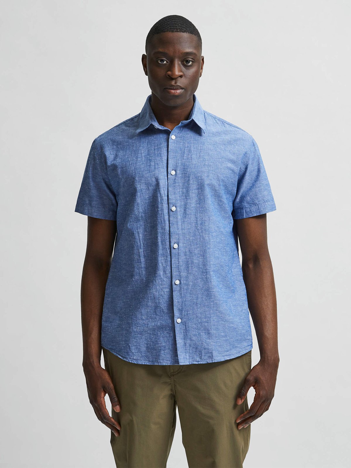 Selected Homme Regular New-Linen Shirt Short Sleeve Classic Medium Blue Denim