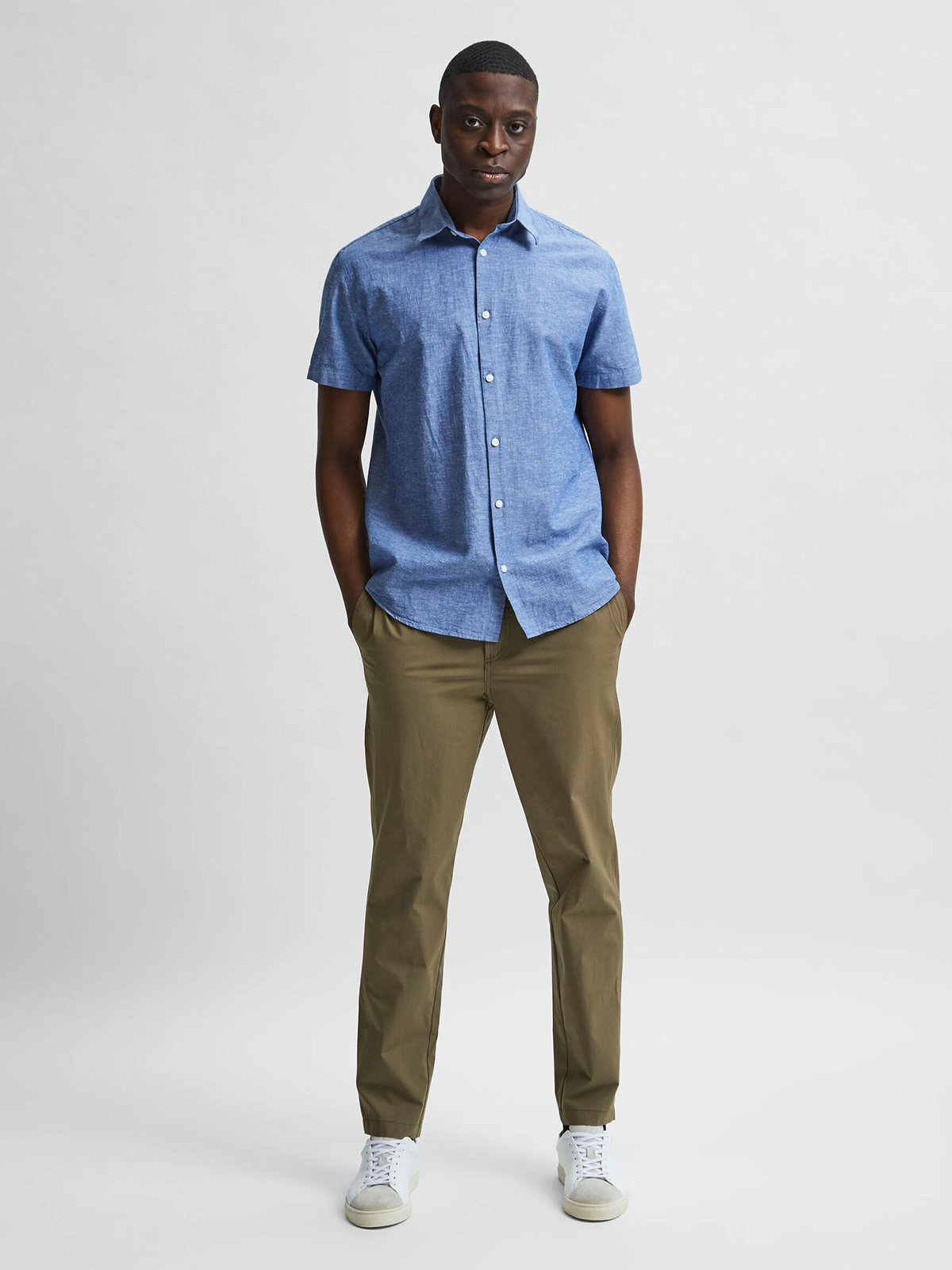 Selected Homme Regular New-Linen Shirt Short Sleeve Classic Medium Blue Denim