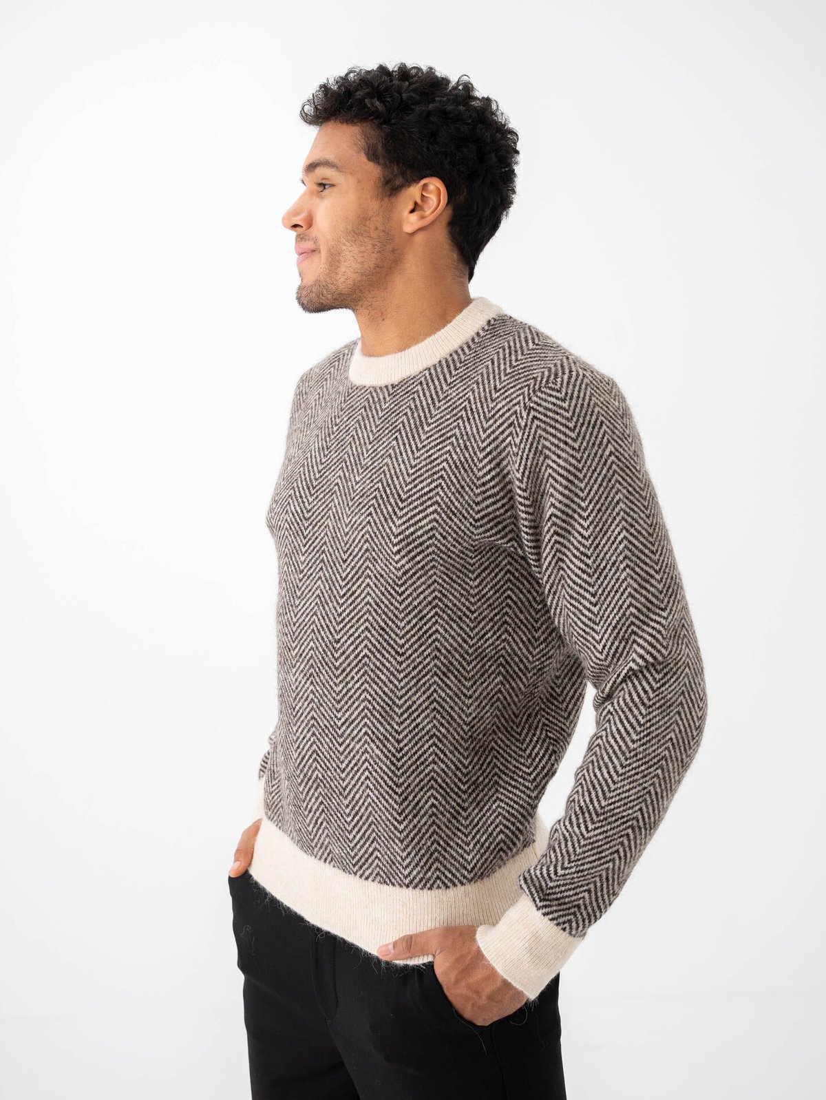 Selected Homme Rai Long Sleeve Knit Crew Neck Chocolate Torte Herringbone Fog
