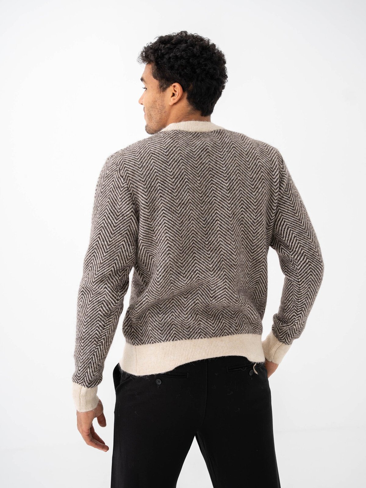 Selected Homme Rai Long Sleeve Knit Crew Neck Chocolate Torte Herringbone Fog