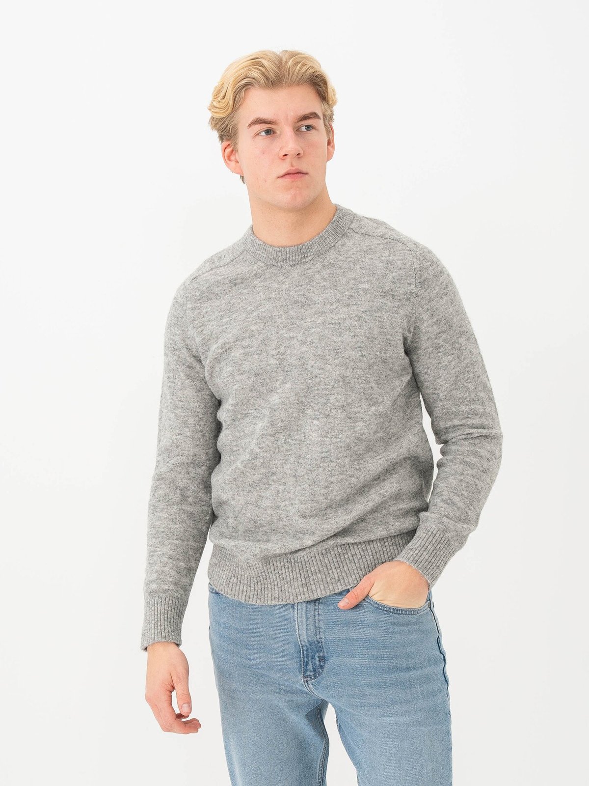 Selected Homme Rai Long Sleeve Knit Crew Neck Light Grey Melange