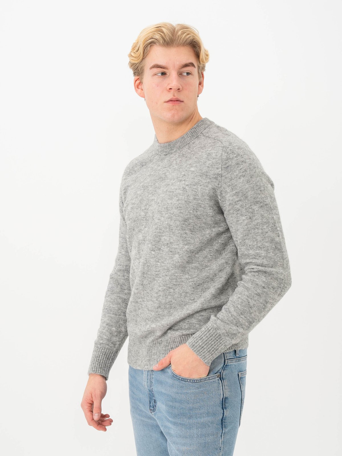 Selected Homme Rai Long Sleeve Knit Crew Neck Light Grey Melange
