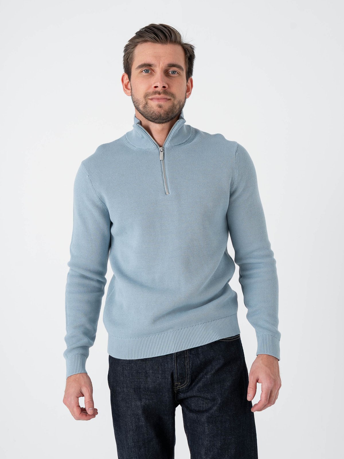 Selected Homme Dane Long Sleeve Knit Structure Half Zip Dusty Blue