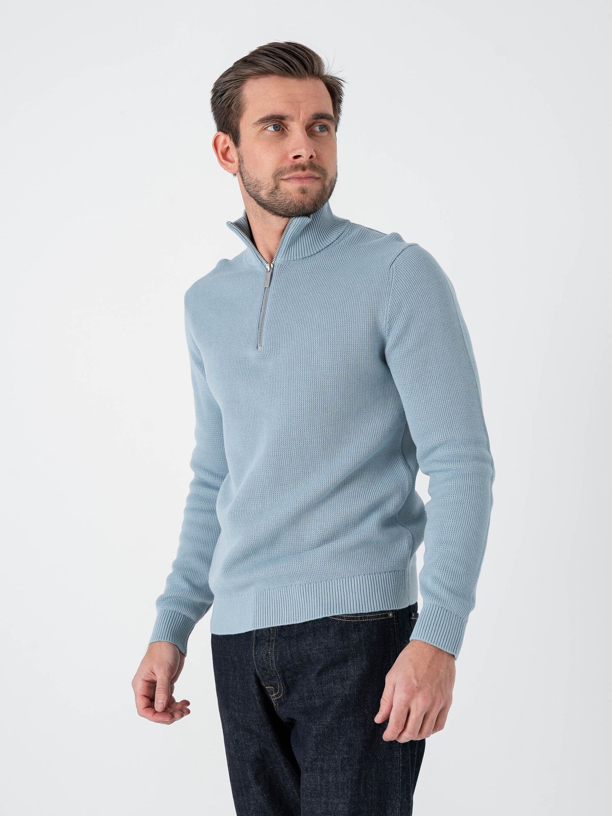 Selected Homme Dane Long Sleeve Knit Structure Half Zip Dusty Blue