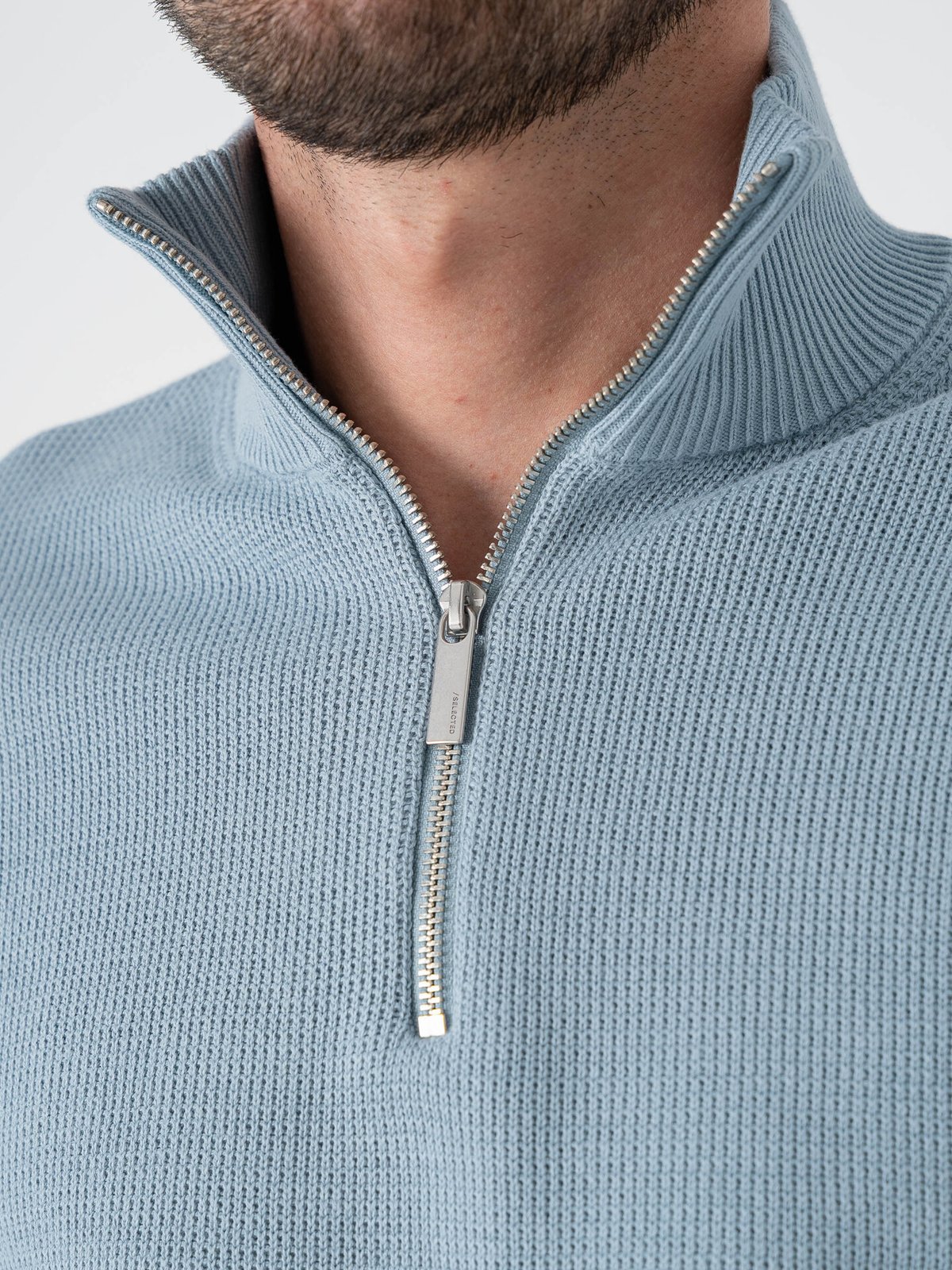 Selected Homme Dane Long Sleeve Knit Structure Half Zip Dusty Blue