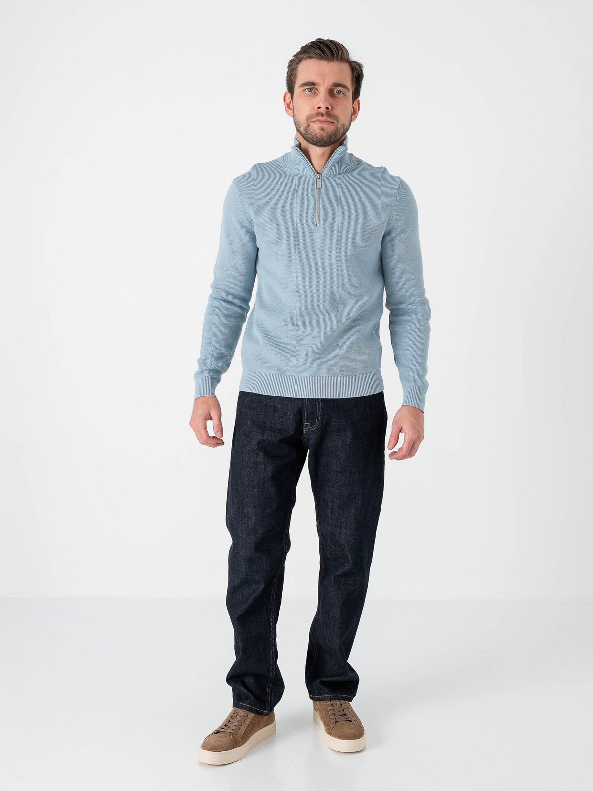 Selected Homme Dane Long Sleeve Knit Structure Half Zip Dusty Blue