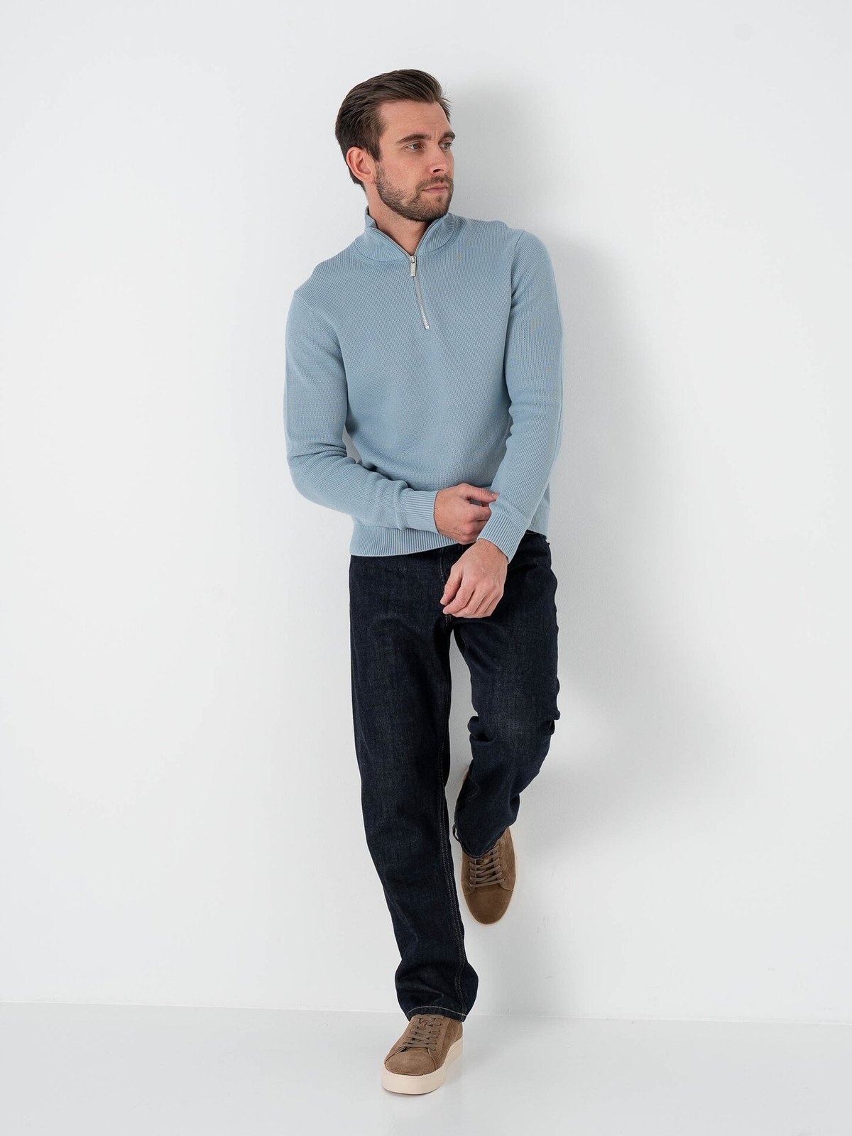 Selected Homme Dane Long Sleeve Knit Structure Half Zip Dusty Blue