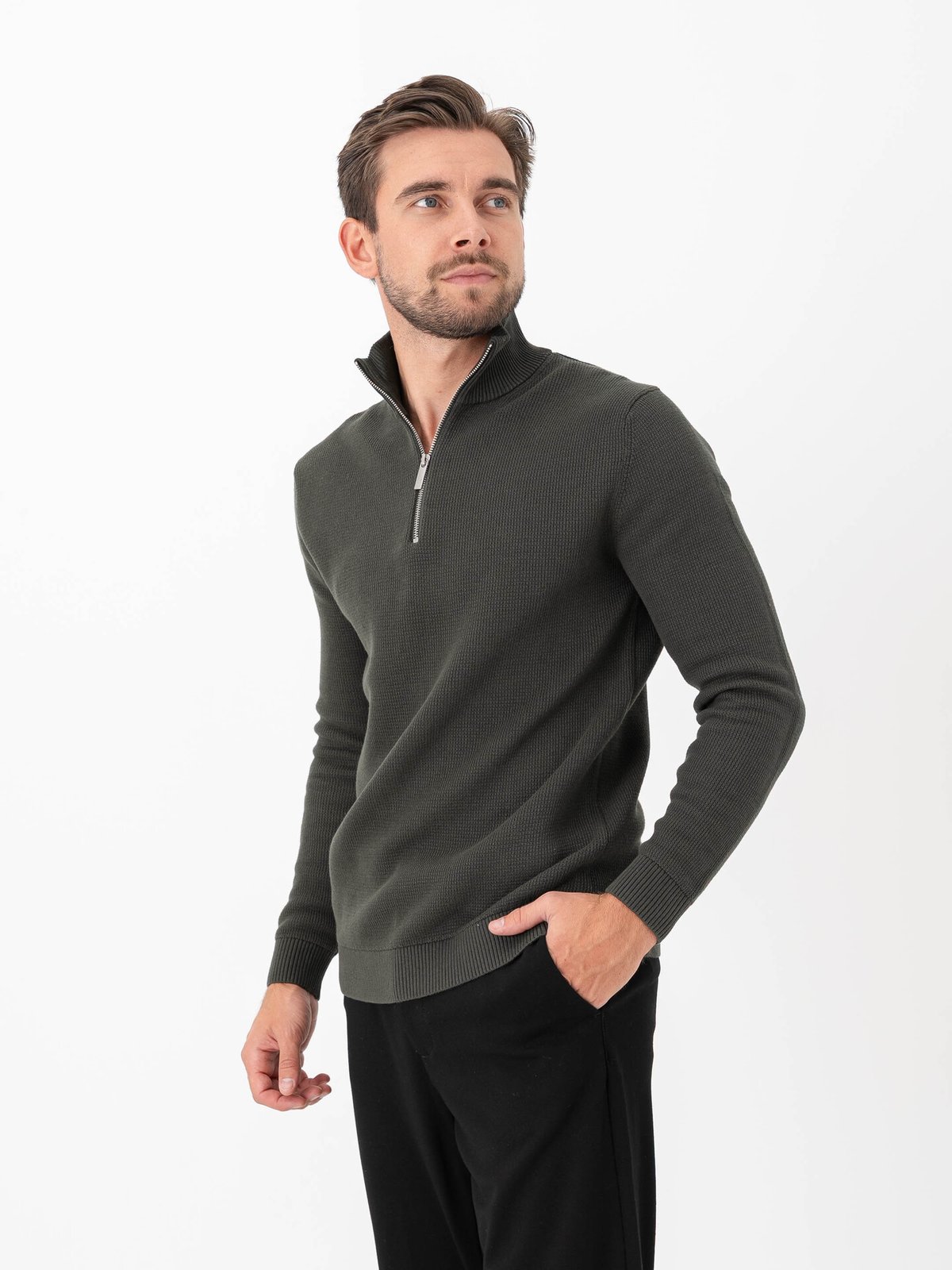 Selected Homme Dane Long Sleeve Knit Structure Half Zip Deep Forest