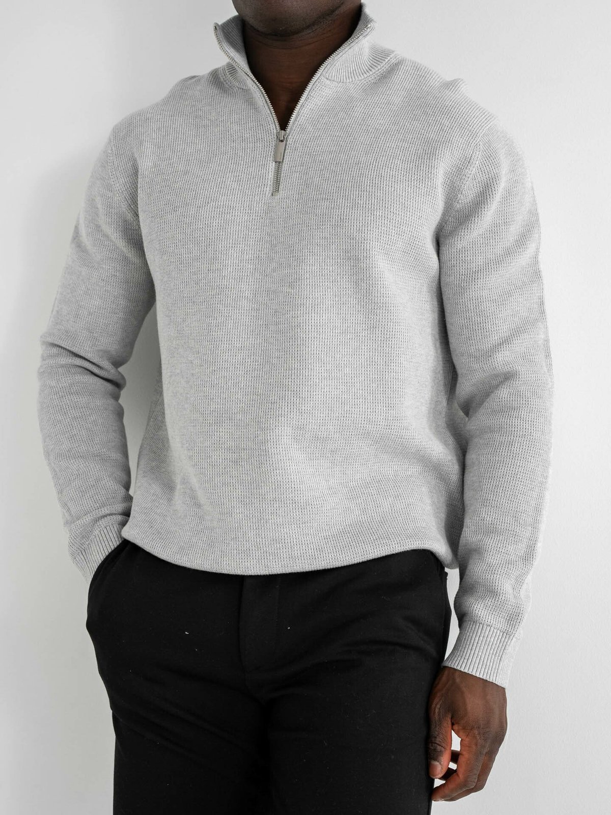 Selected Homme Dane Long Sleeve Knit Structure Half Zip Light Grey Melange
