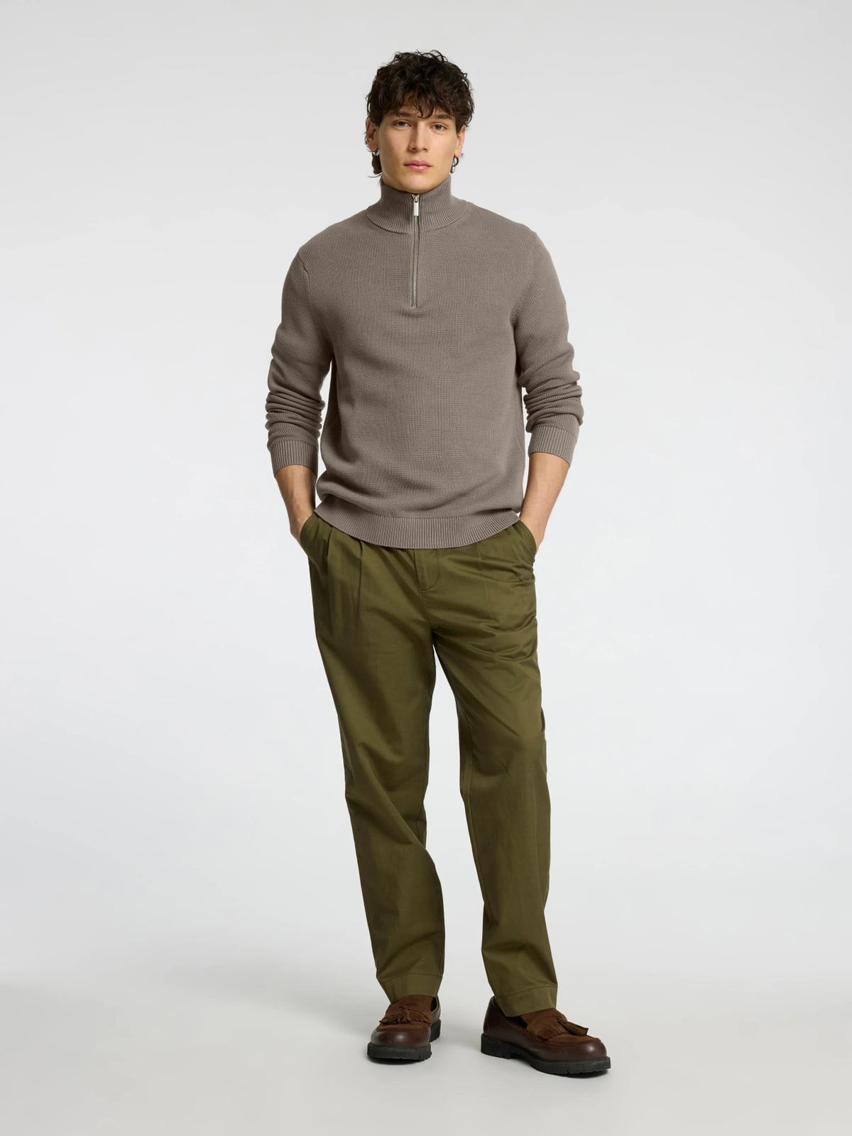 Selected Homme Dane Long Sleeve Knit Structure Half Zip Morel