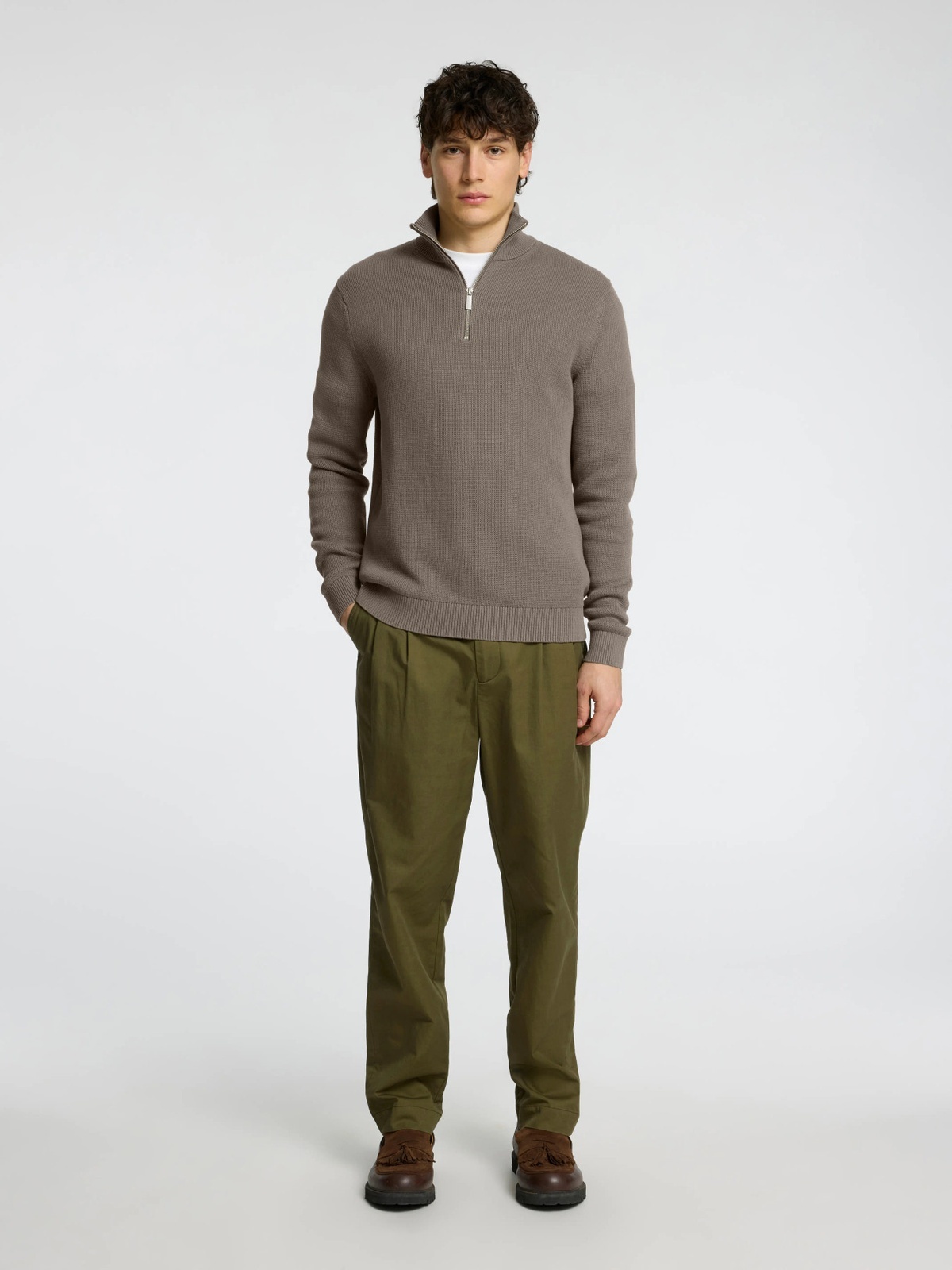 Selected Homme Dane Long Sleeve Knit Structure Half Zip Morel