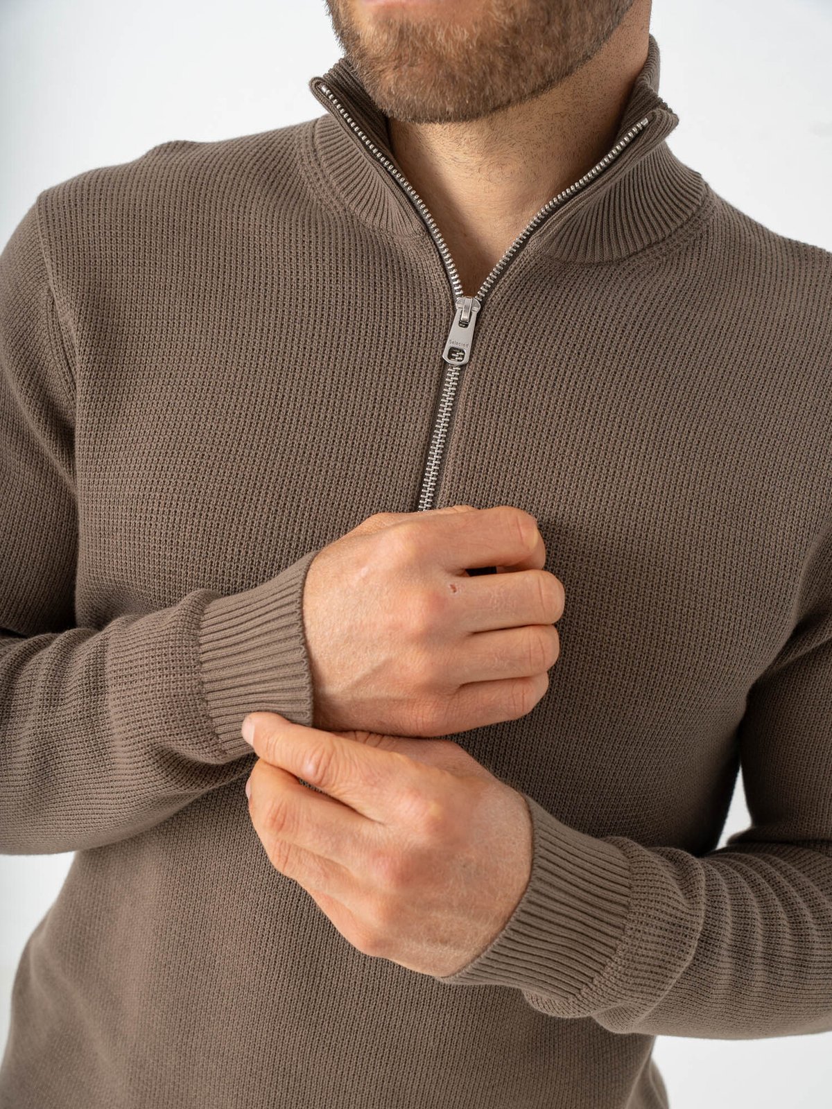 Selected Homme Dane Long Sleeve Knit Structure Half Zip Morel