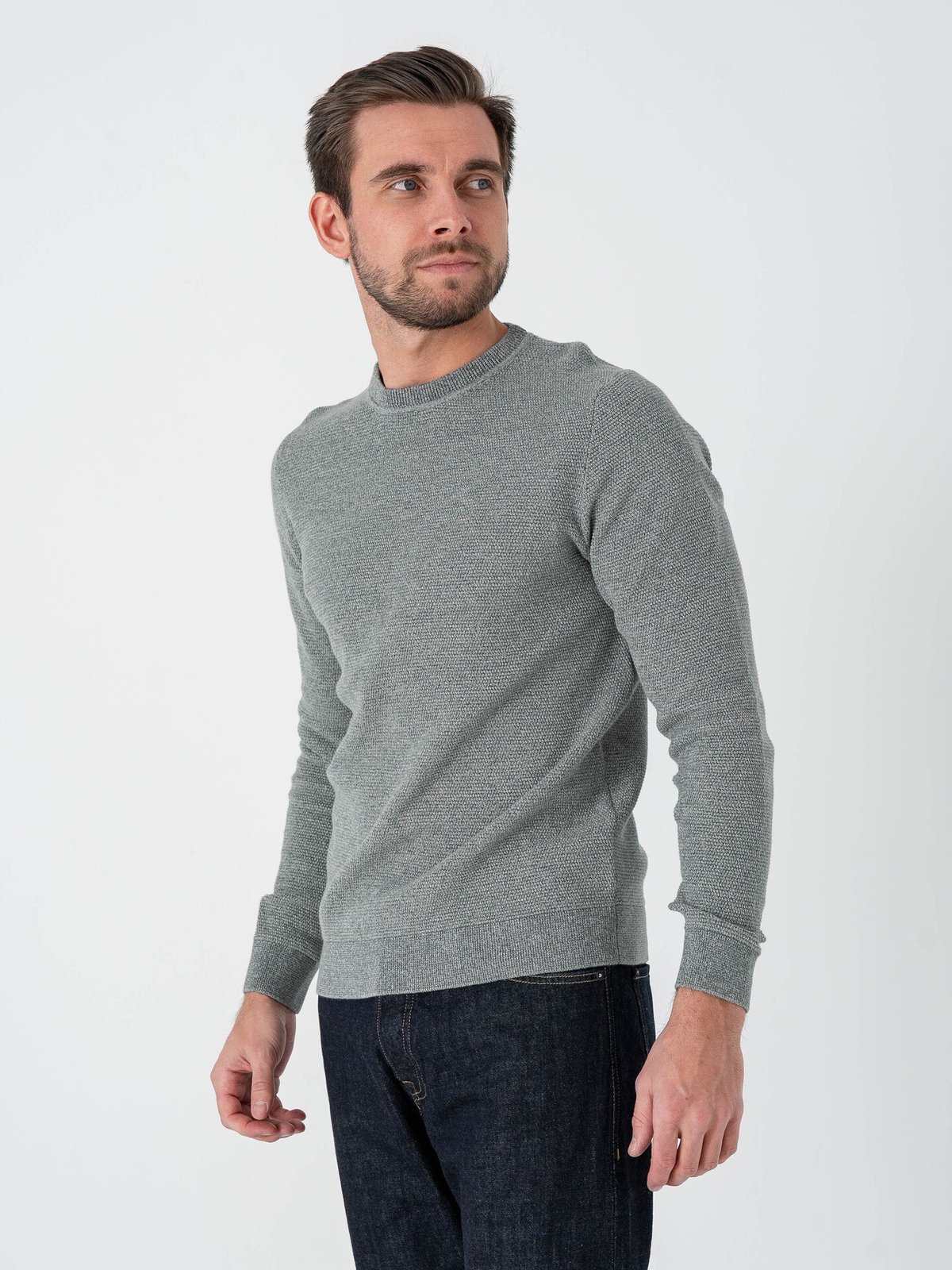 Selected Homme Ross Long Sleeve Knit Structure Crew Neck Balsam Green Aqua Gray