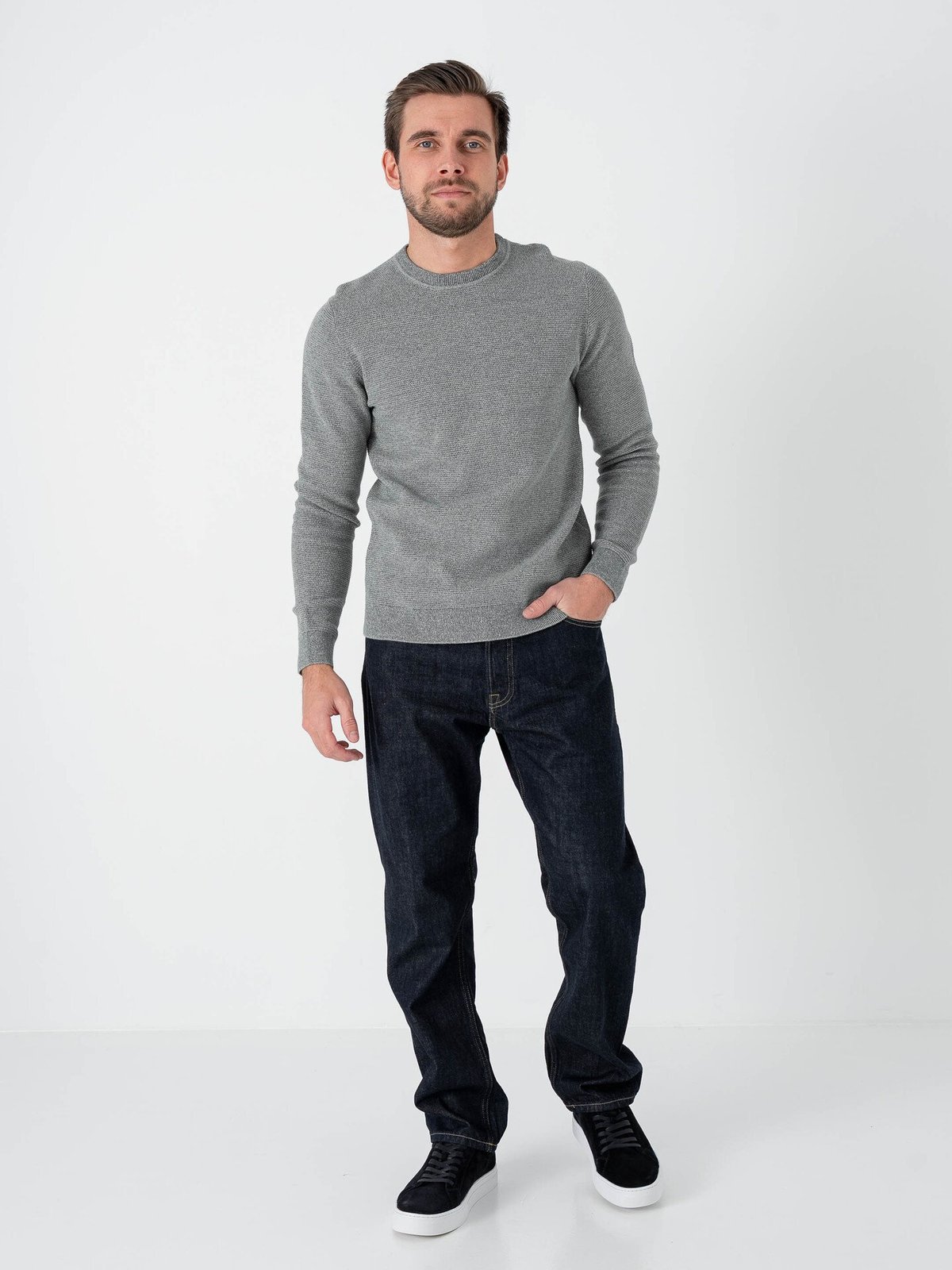 Selected Homme Ross Long Sleeve Knit Structure Crew Neck Balsam Green Aqua Gray