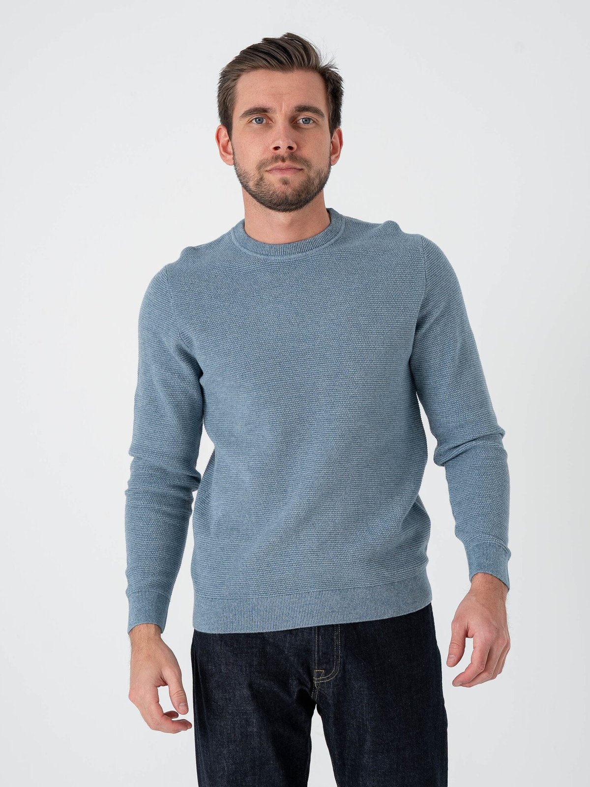 Selected Homme Ross Long Sleeve Knit Structure Crew Neck Blue Mirage Dusty Blue