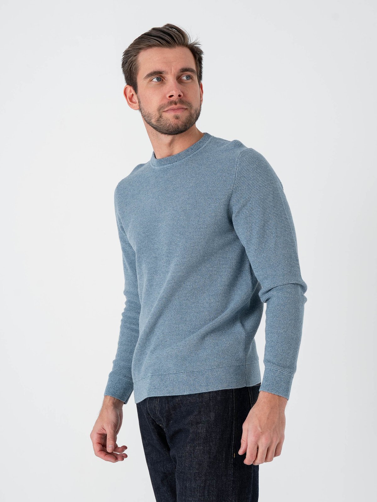 Selected Homme Ross Long Sleeve Knit Structure Crew Neck Blue Mirage Dusty Blue