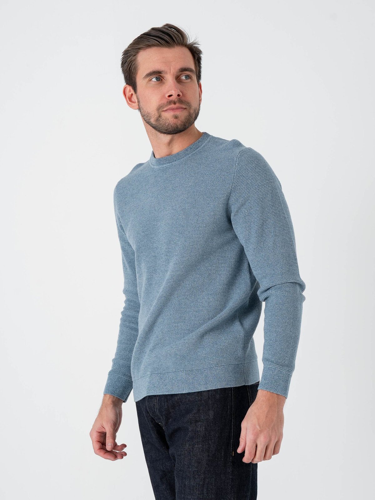 Selected Homme Ross Long Sleeve Knit Structure Crew Neck Blue Mirage Dusty Blue