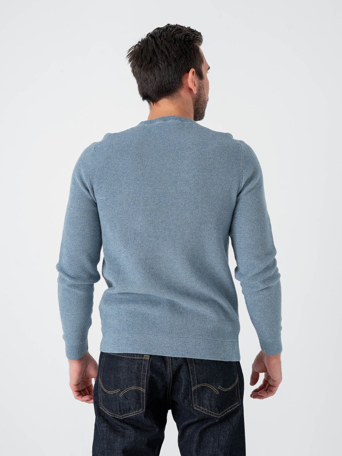 Selected Homme Ross Long Sleeve Knit Structure Crew Neck Blue Mirage Dusty Blue