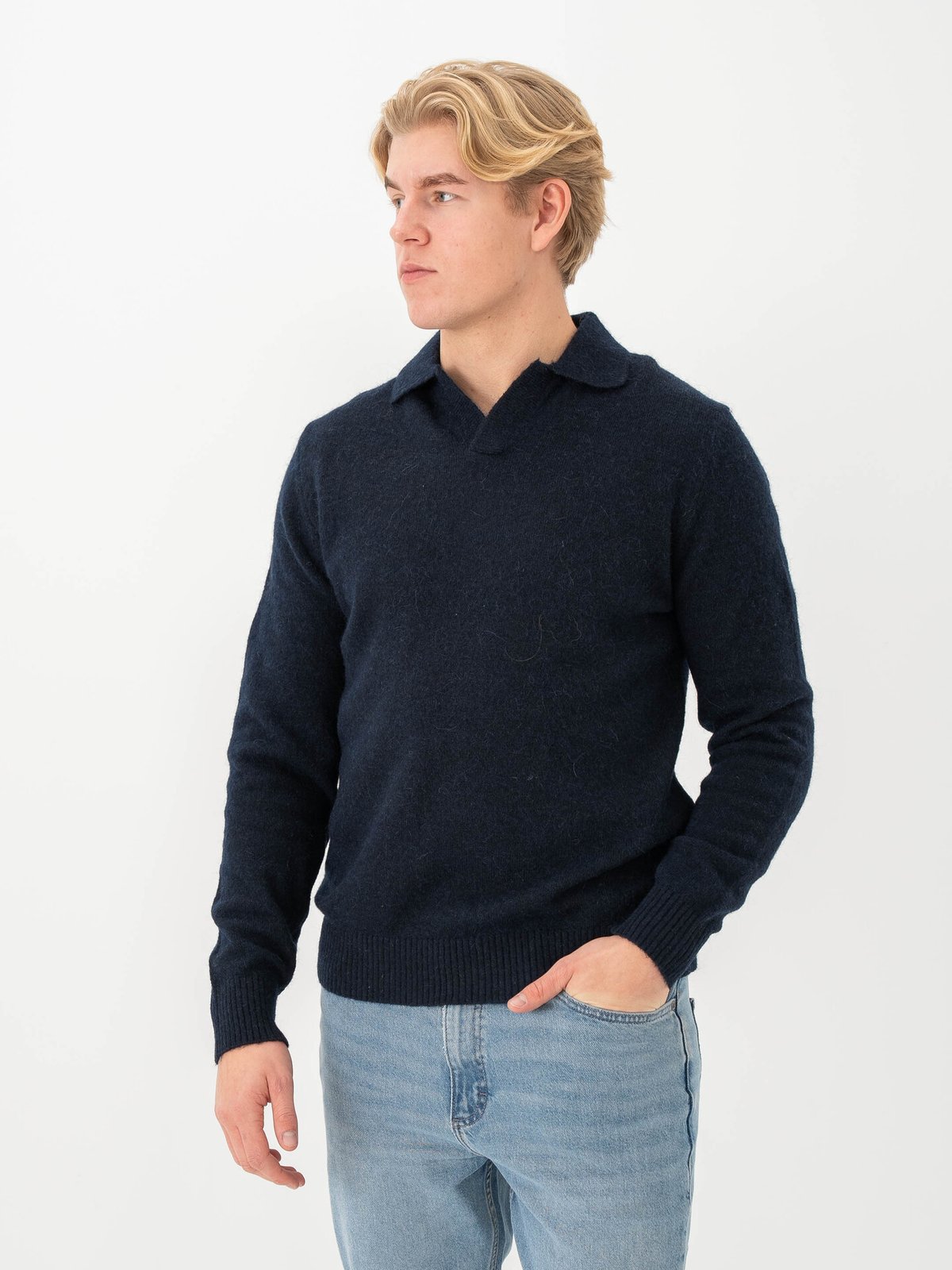 Selected Homme Rai Long Sleeve Knit Open Polo Sky Captain