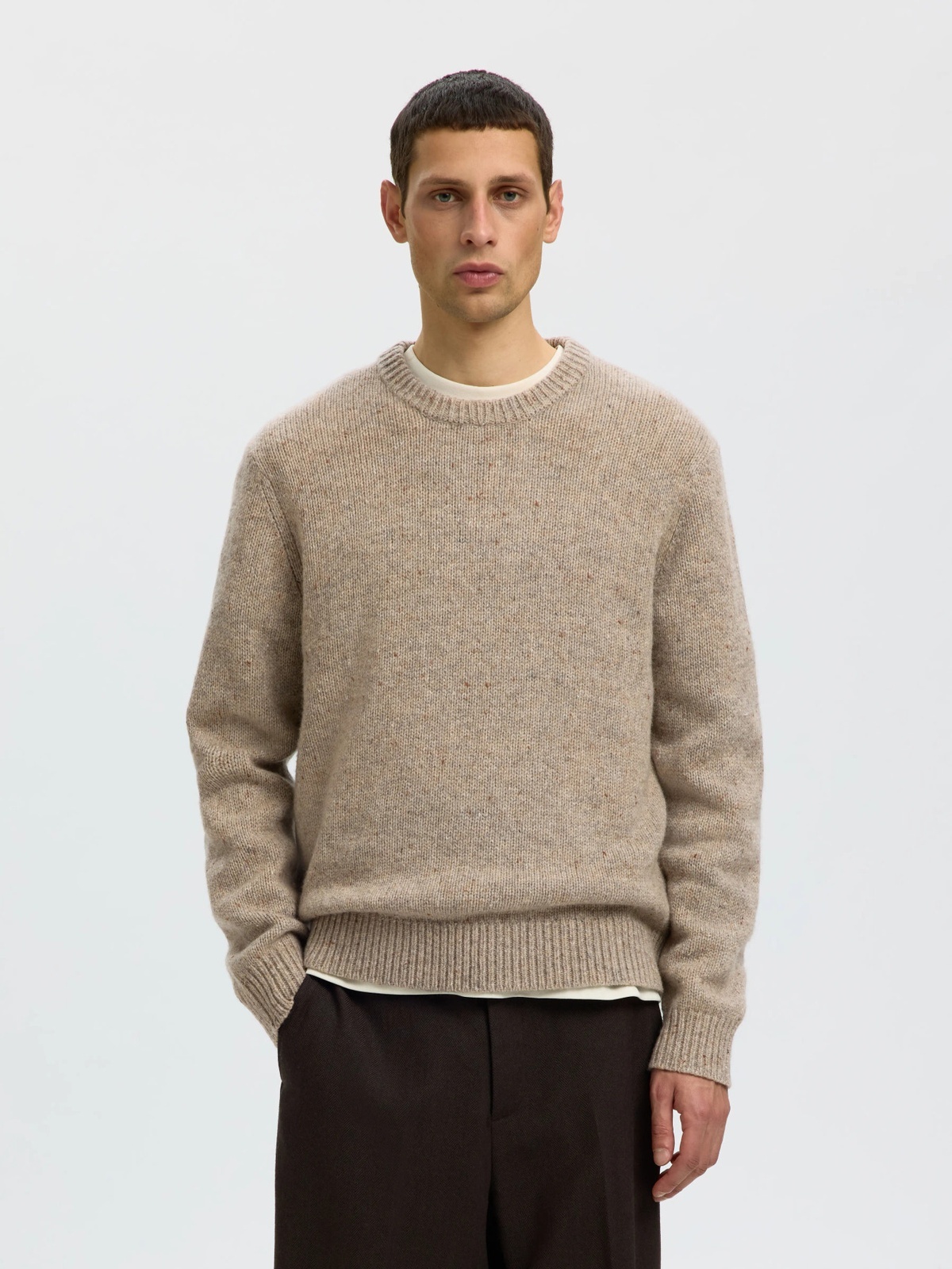 Selected Homme Cody Long Sleeve Knit Crew Neck Oatmeal Neps