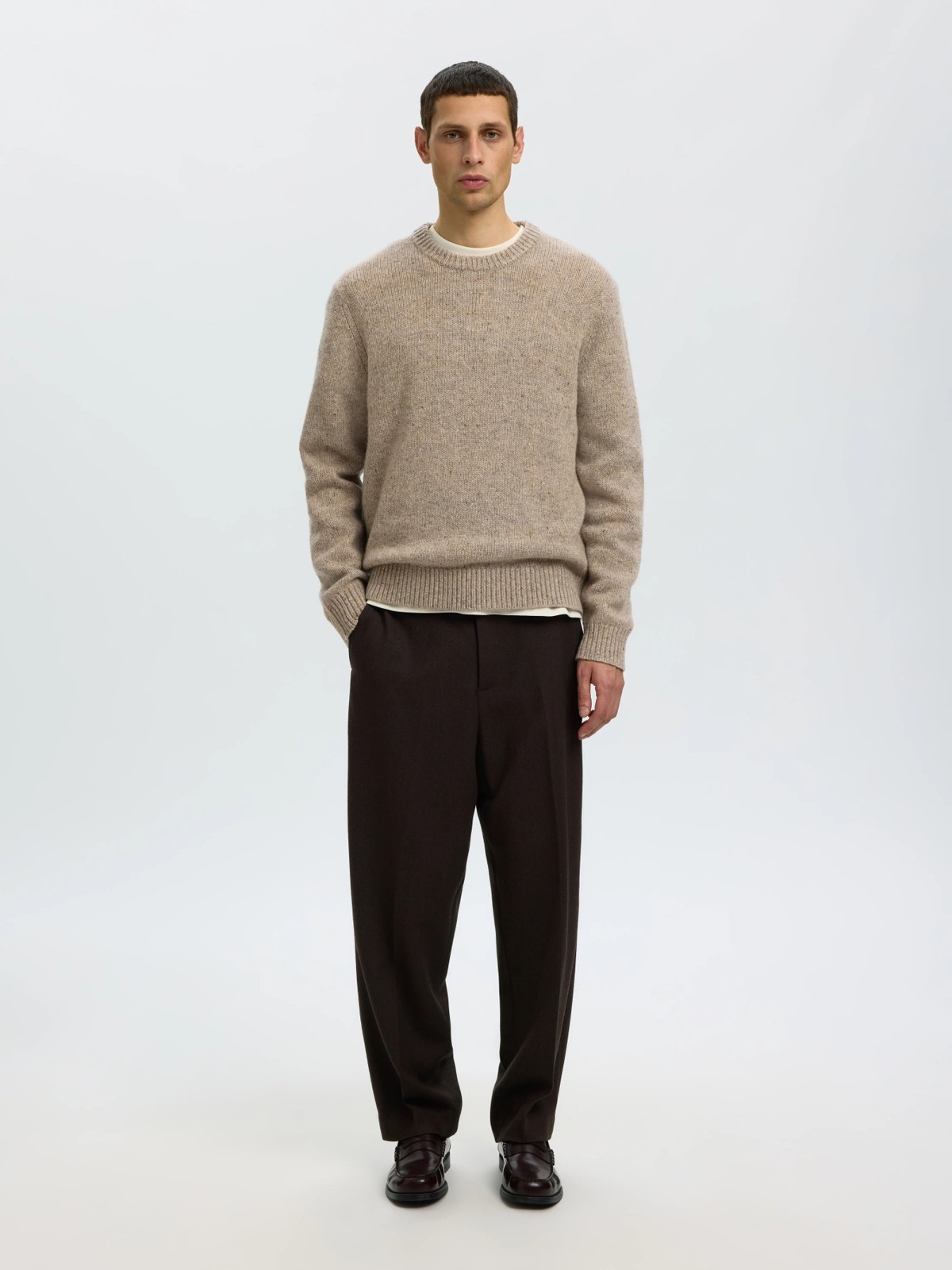Selected Homme Cody Long Sleeve Knit Crew Neck Oatmeal Neps