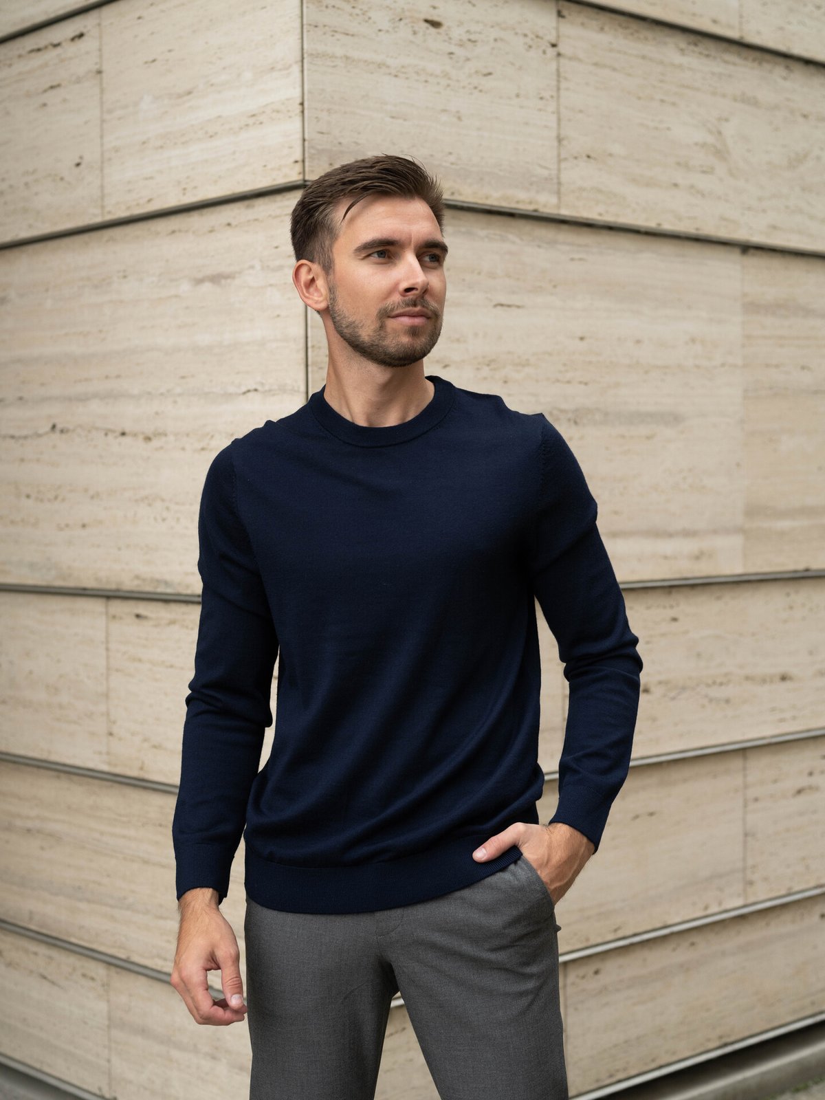 Selected Homme Tray Long Sleeve Knit Merino Crew Neck Navy Blazer