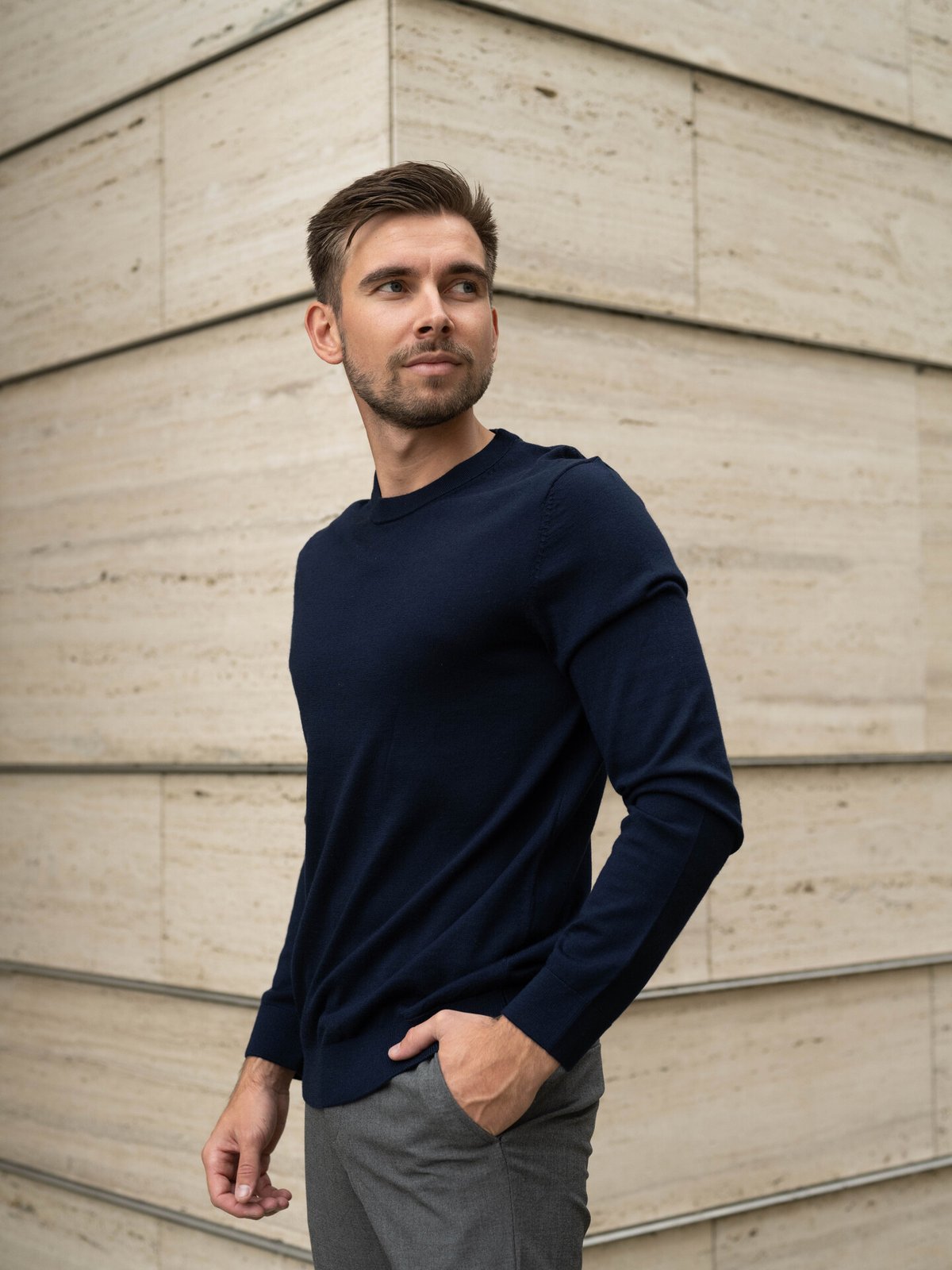 Selected Homme Tray Long Sleeve Knit Merino Crew Neck Navy Blazer