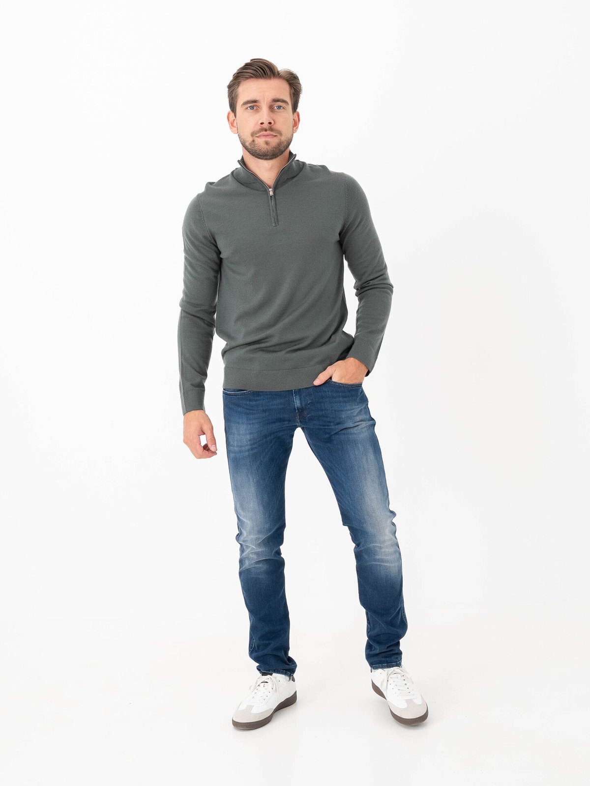 Selected Homme Tray Long Sleeve Knit Merino Half Zip Deep Forest