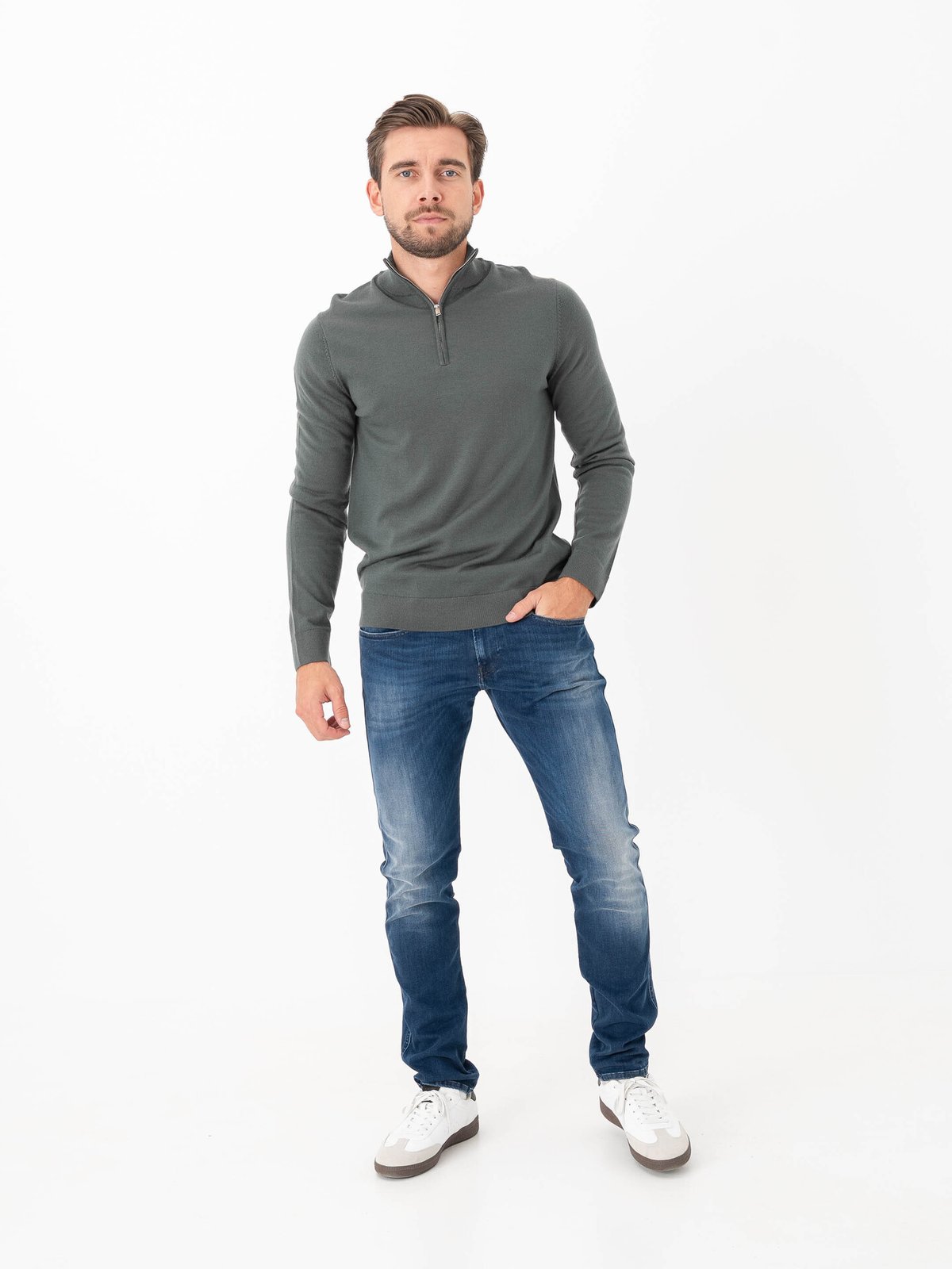 Selected Homme Tray Long Sleeve Knit Merino Half Zip Deep Forest