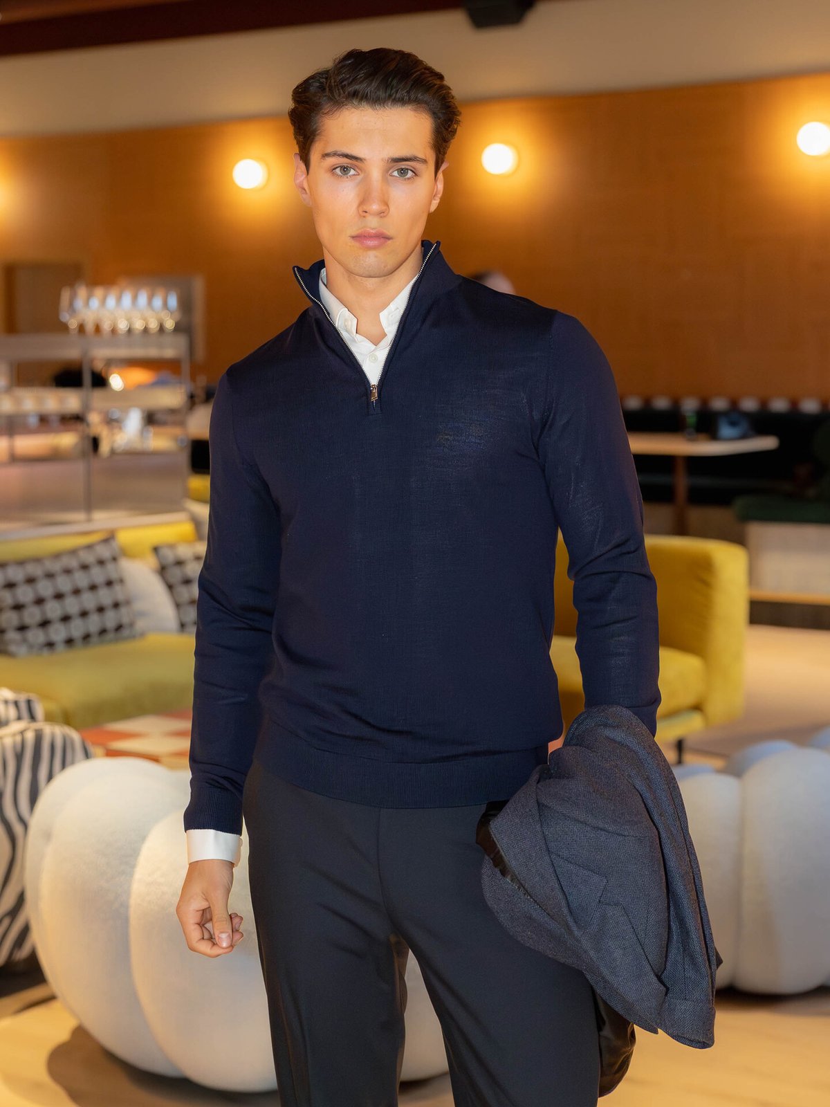 Selected Homme Tray Long Sleeve Knit Merino Half Zip Navy Blazer