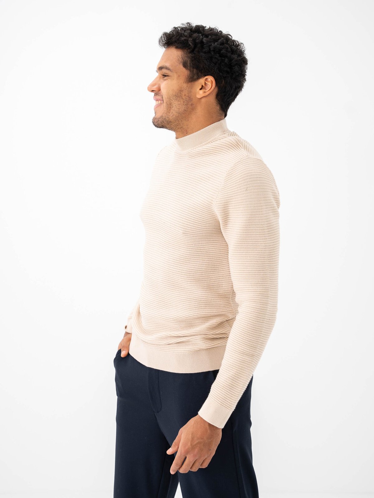 Selected Homme Tion Long Sleeve Knit Structure Mock Neck Oatmeal