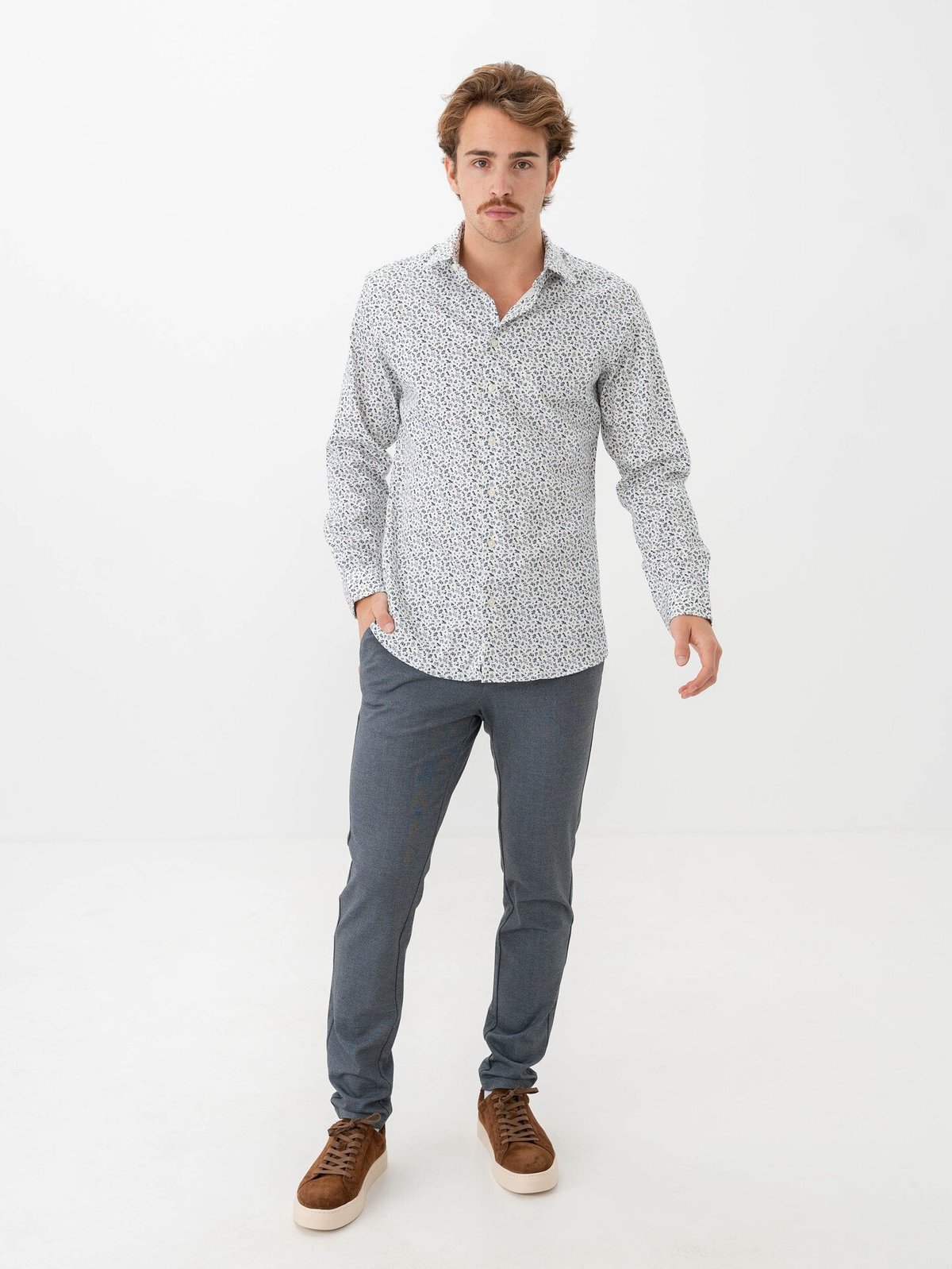 Selected Homme Slim Performance Shirt Long Sleeve Bright White Floral