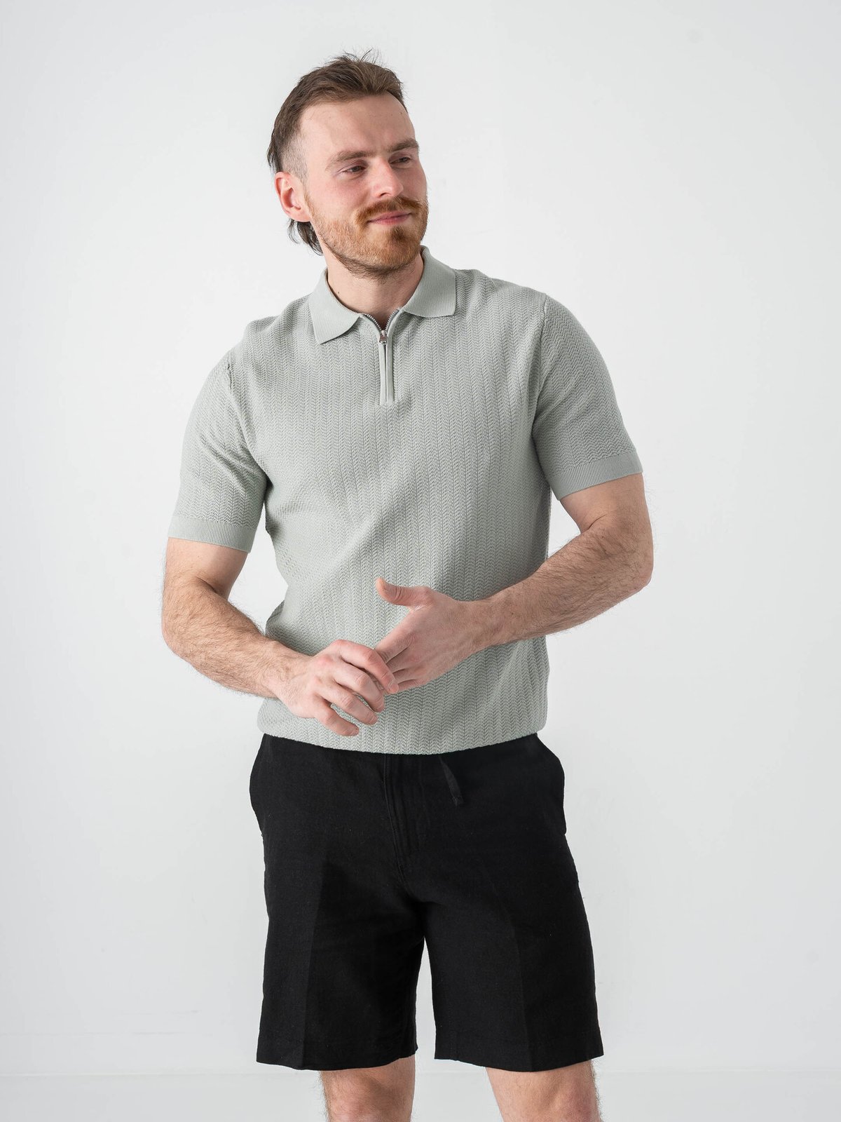 Selected Homme Cran Short Sleeve Knit Structure Zip Polo Aqua Gray